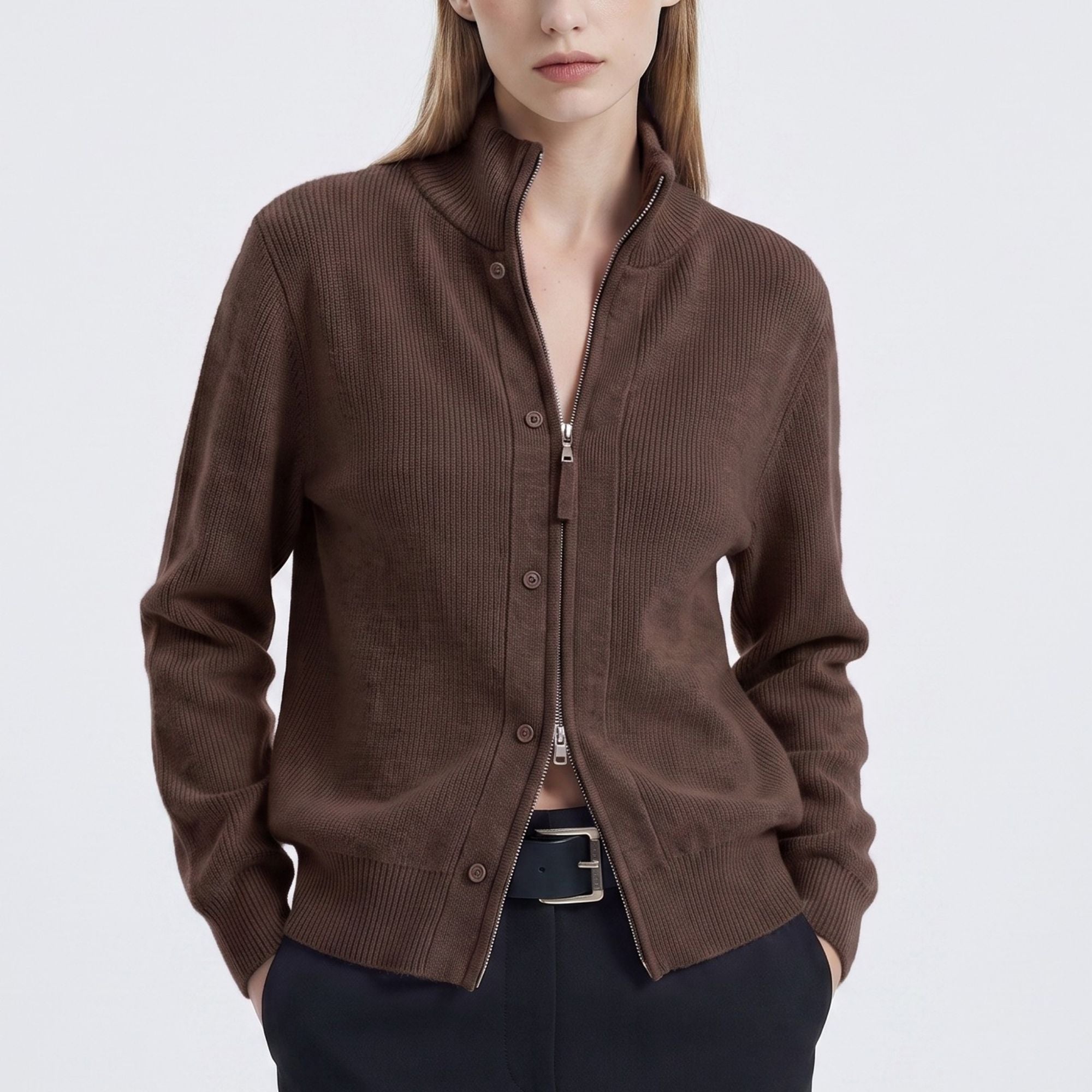 Mock Neck Zip-Front Knit Cardigan Sweater