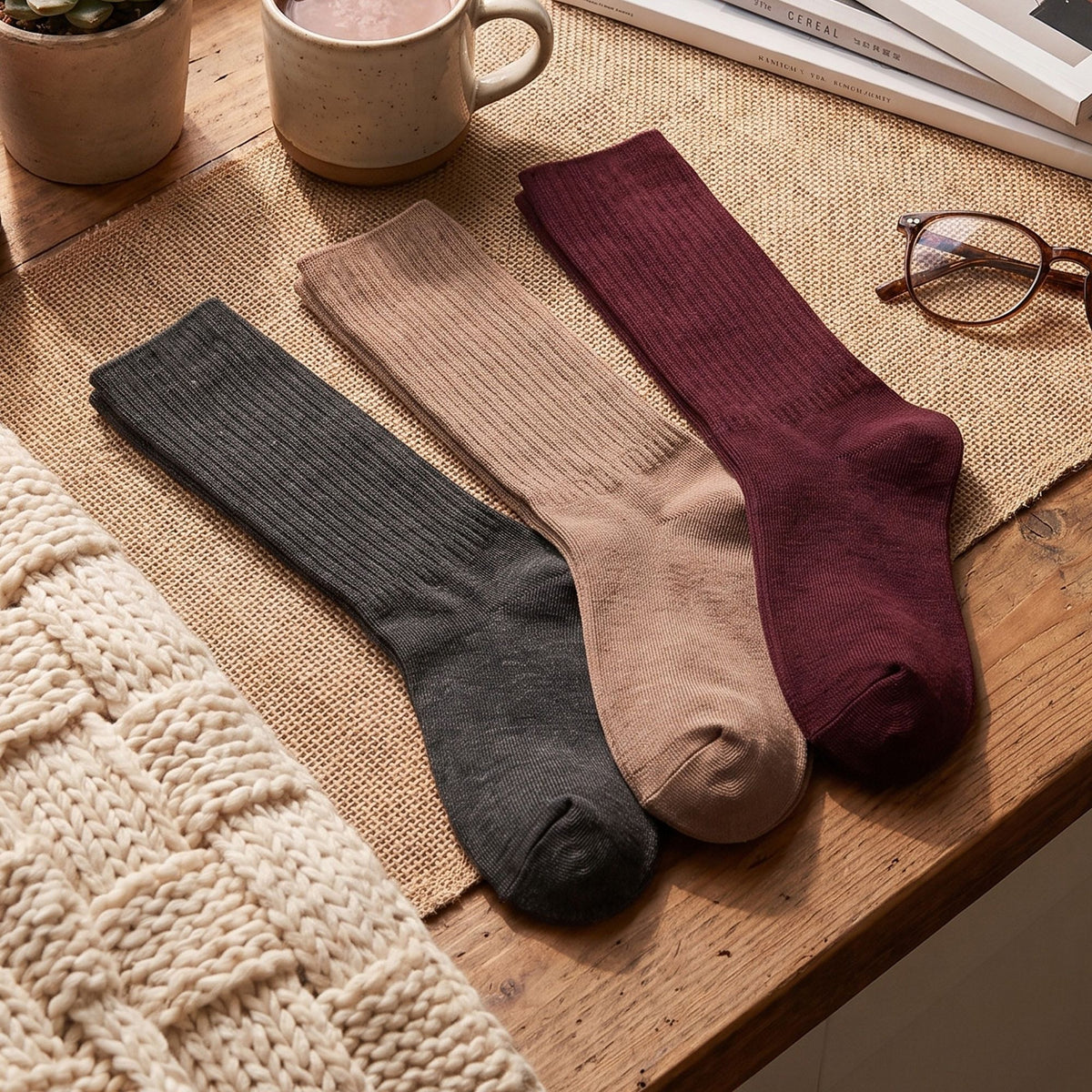 3-Pair Tall Ribbed Knit Crew Socks Set, Soft Slouchy Mid-Calf Casual Socks