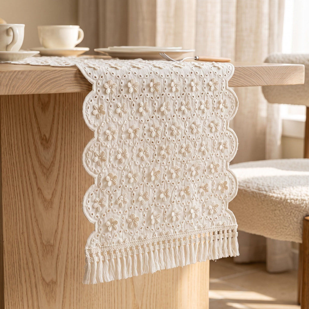 Ivory Floral Embroidered Table Runner with Fringe 13x47.2in