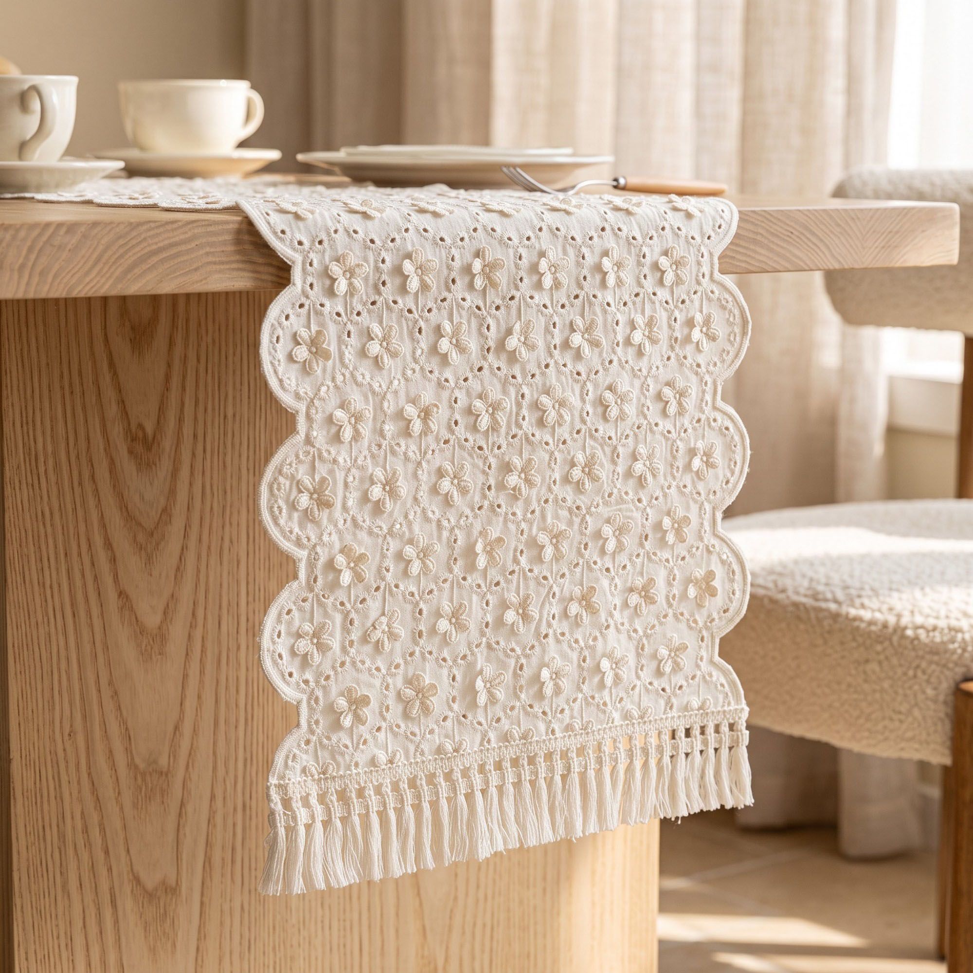 Ivory Floral Embroidered Table Runner with Fringe 13x47.2in