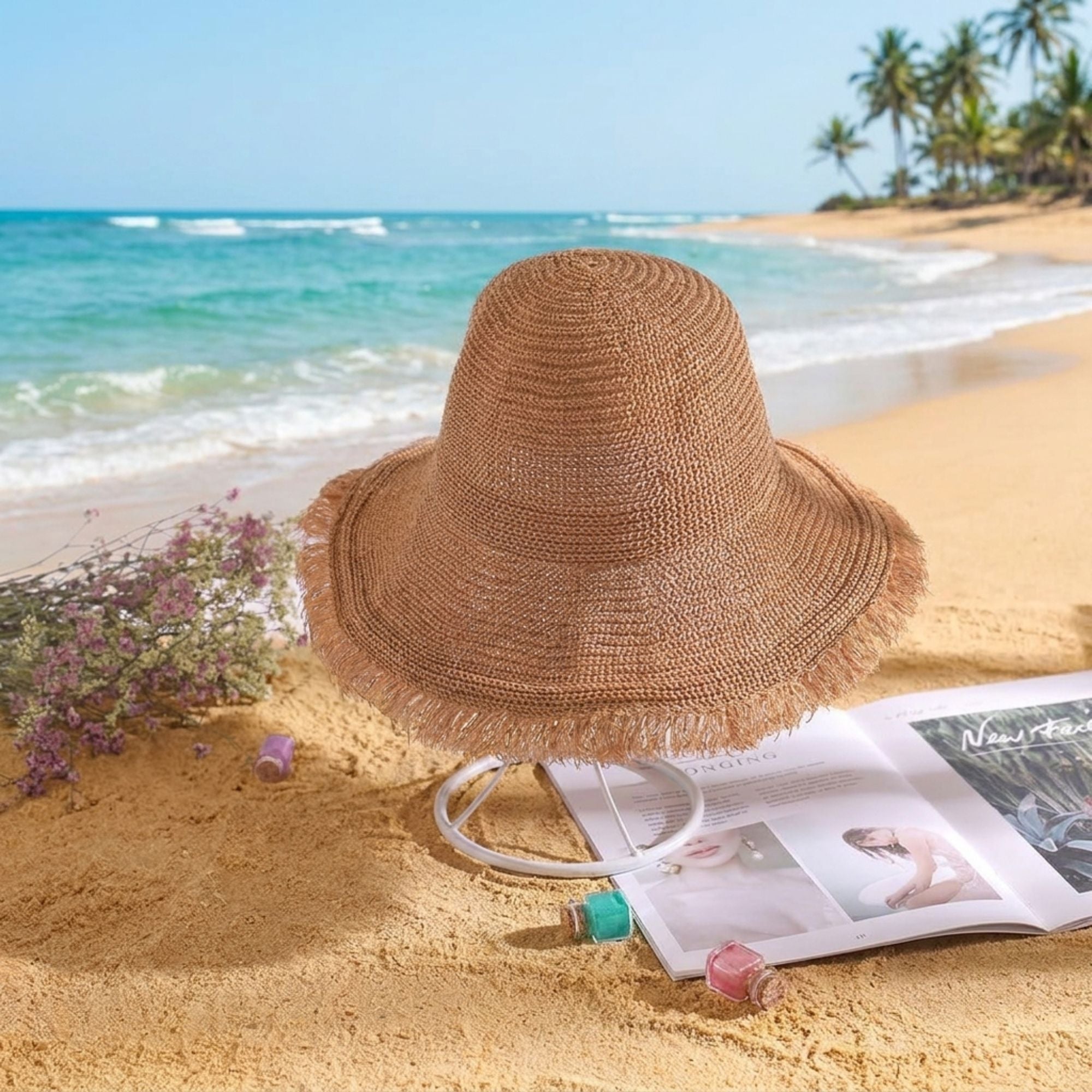 Wide Brim Sun Hat with Frayed Edge and Lightweight Open Weave