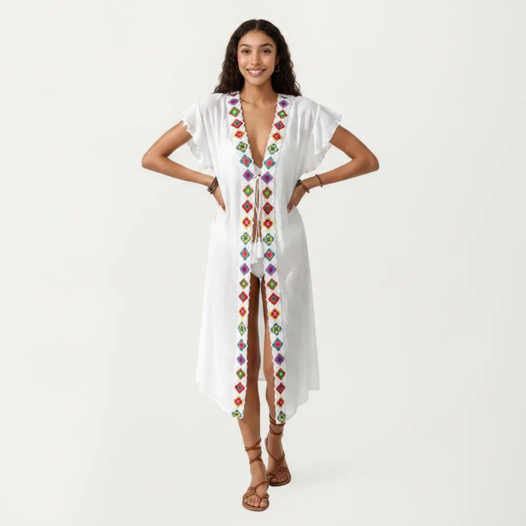 Anna-Kaci Women's Embroidered Open Front Swim Cover Up Kimono Midi Beach Cardigan with Tassel Tie Detail