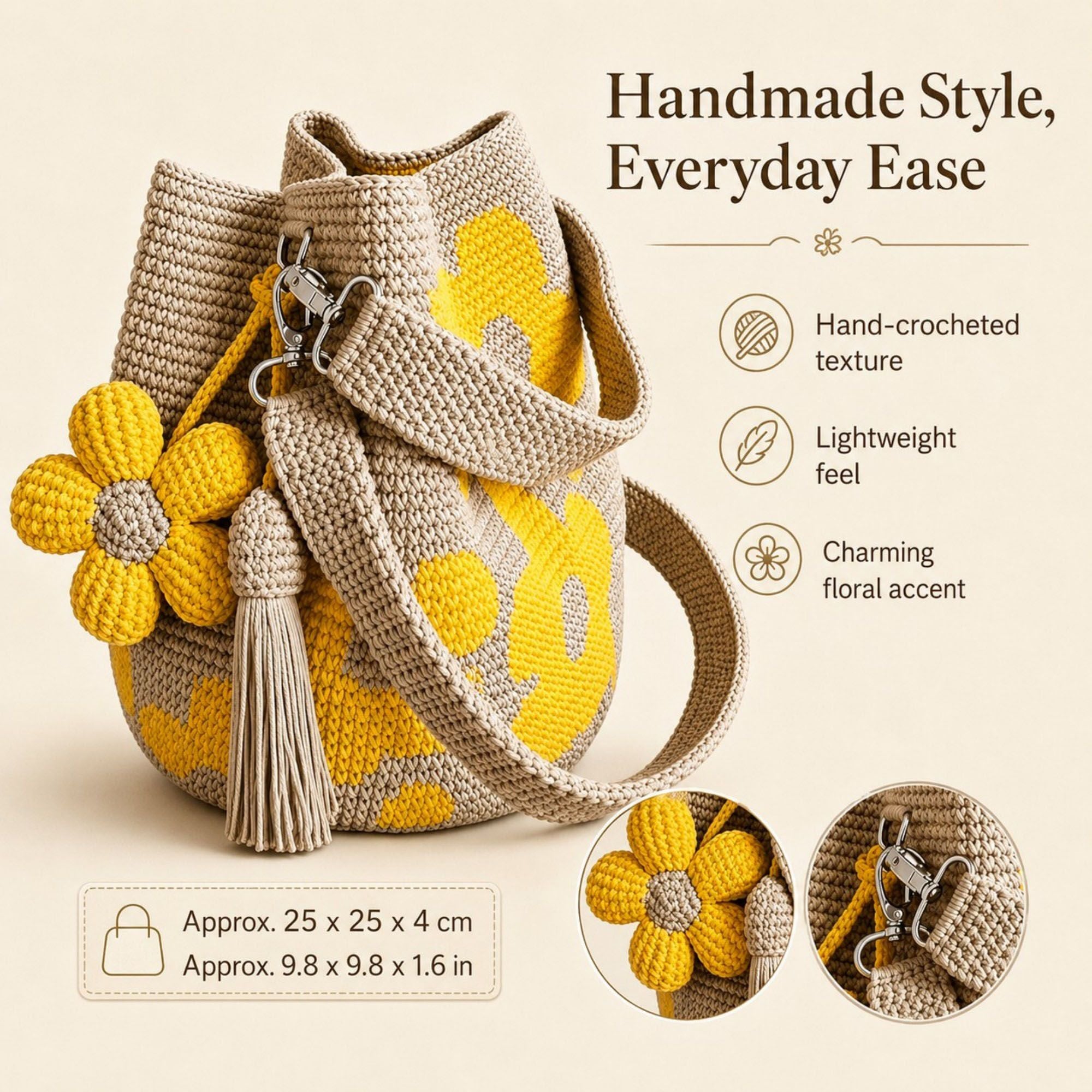 Crochet Floral Bucket Bag with Tassel Charm and Shoulder Strap