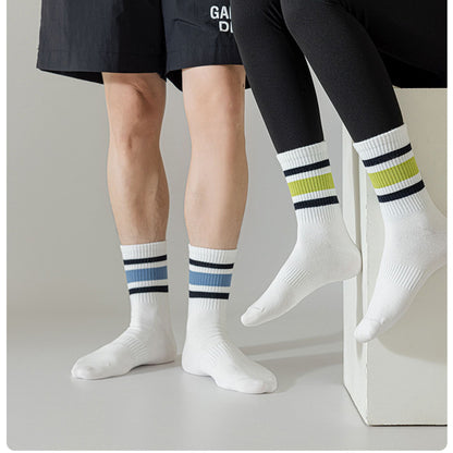 Anna-Kaci Crew Socks 4-Pack White Base Colorful Ribbed Cuff Striped Design Stretch Comfort Breathable Fit