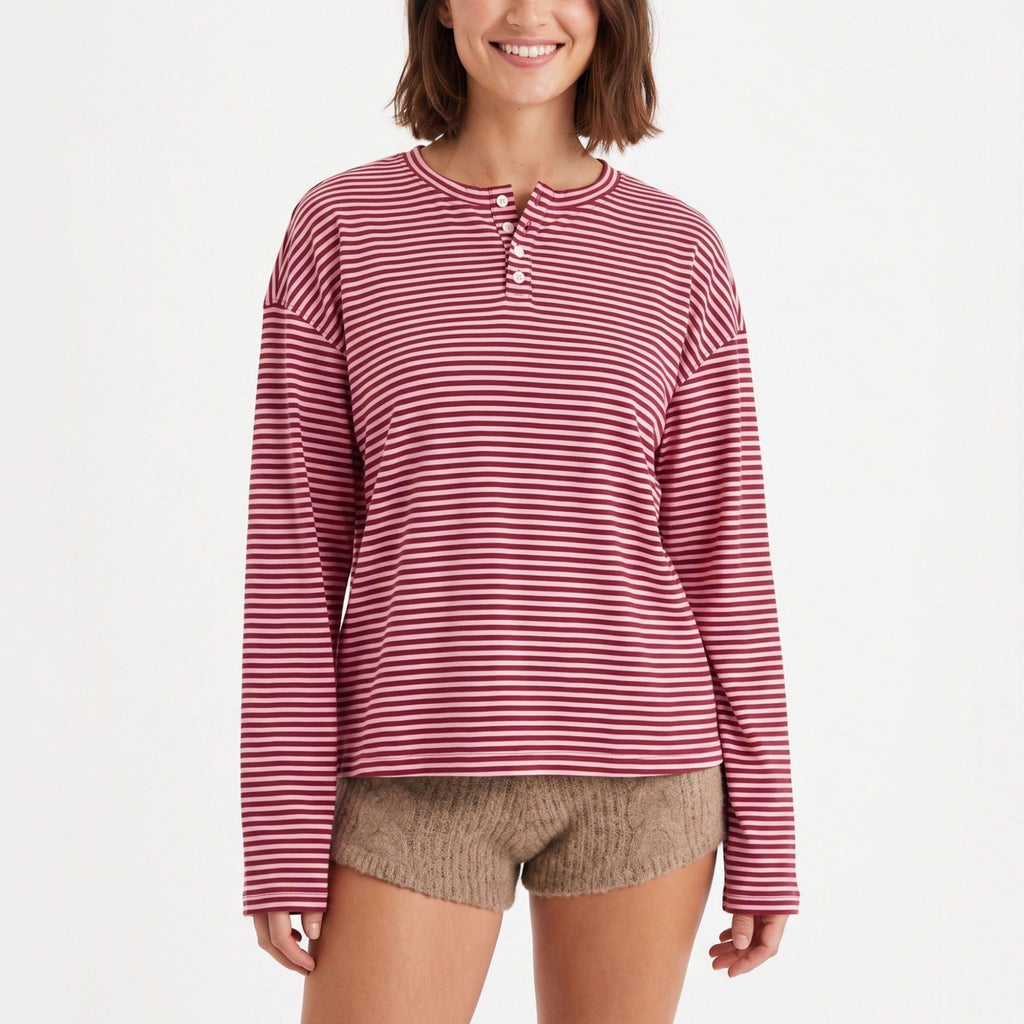 Striped Henley Drop Shoulder Long Sleeve Top