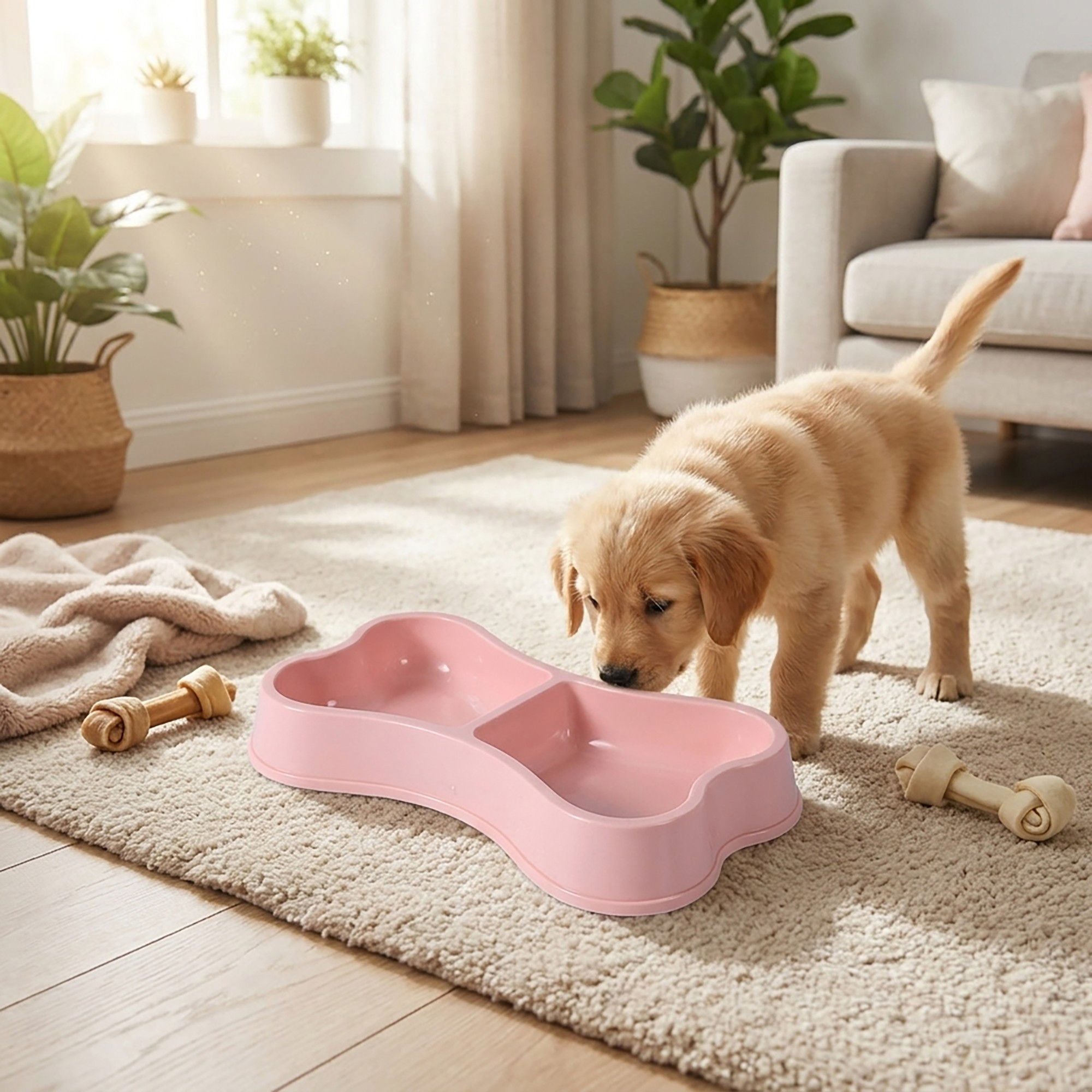 Plastic Bone Shaped Double Pet Bowl for Food and Water