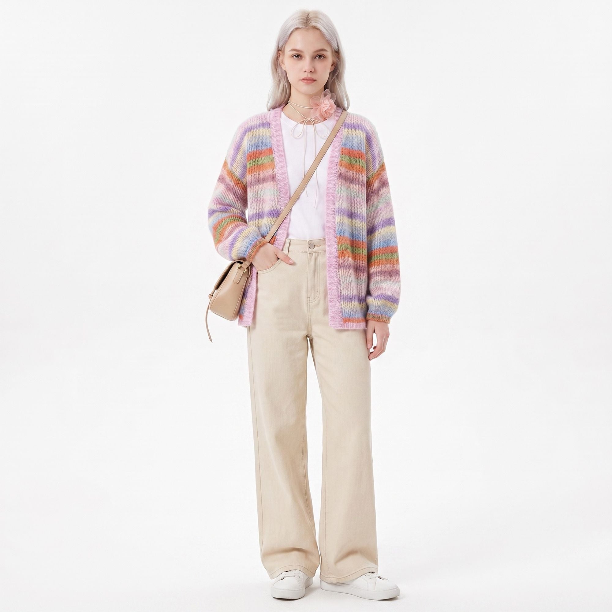 Multicolor Striped Open Front Knit Cardigan Sweater