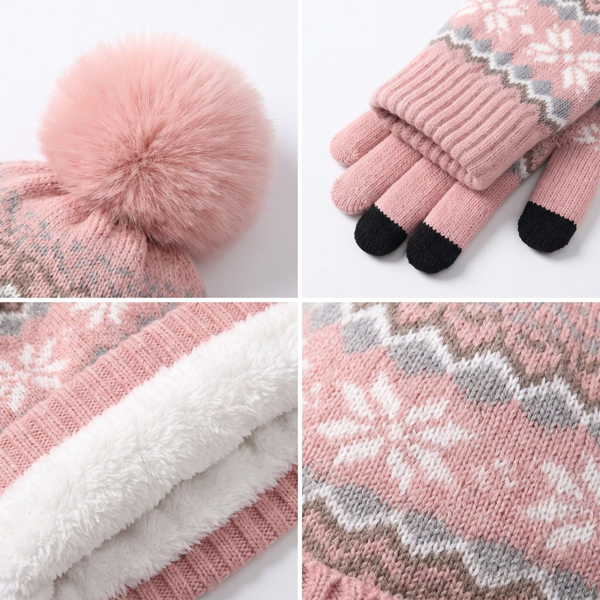 3 Piece Fair Isle Pom Beanie Neck Warmer and Gloves Set