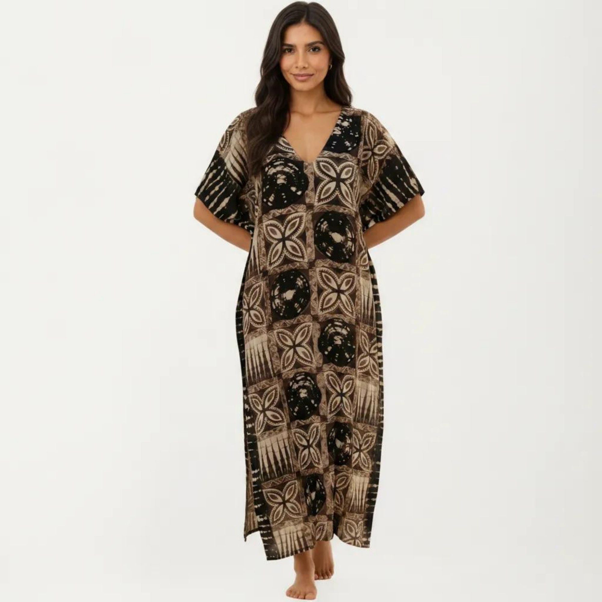 Anna-Kaci Women's Geometric Print Maxi Caftan Dress with V-Neckline Relaxed Fit and Draped Silhouette