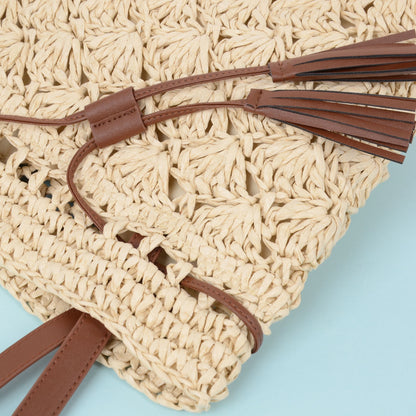 Anna-Kaci Women's Rustic Straw Shoulder Bag with Leather Accents