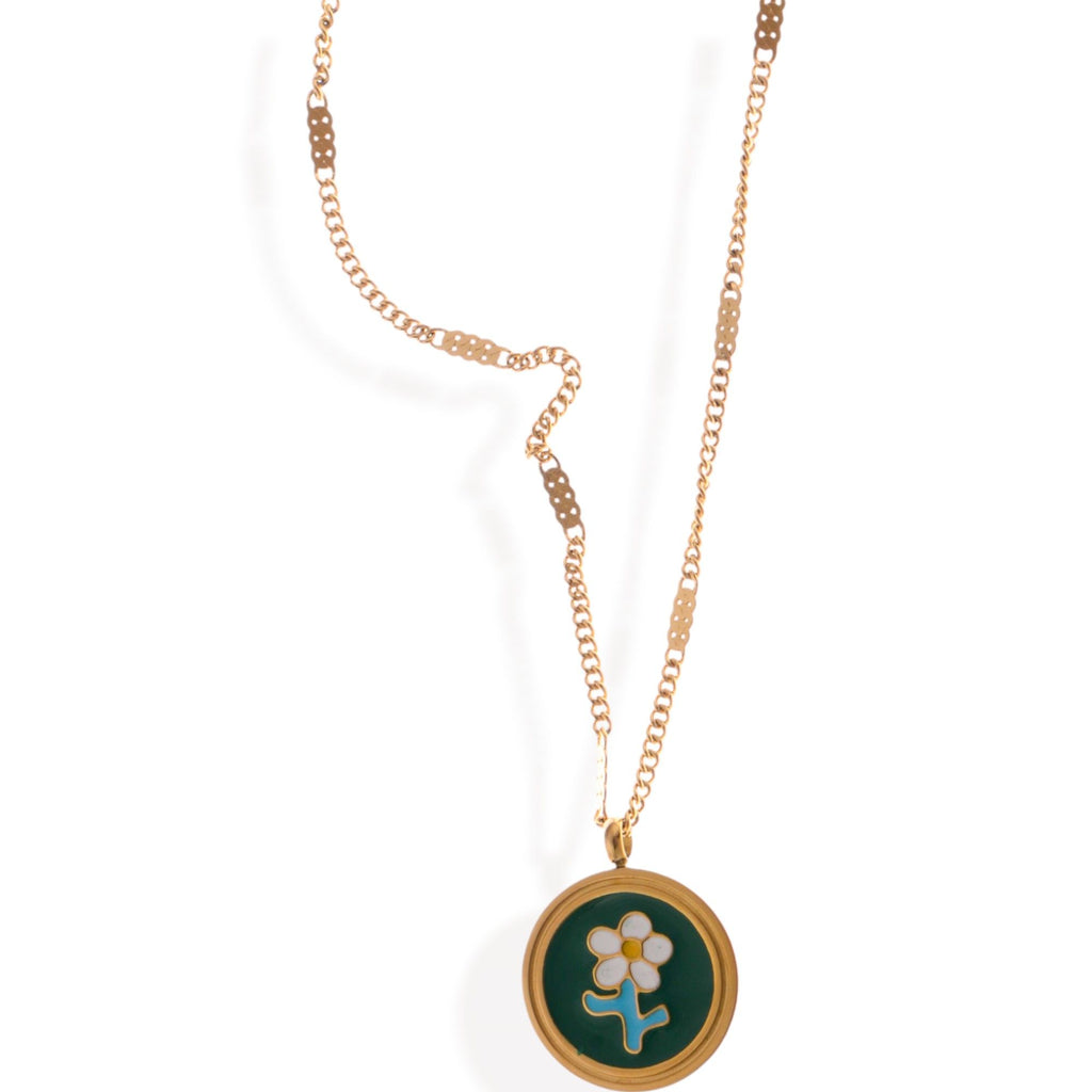 Women's Gold Tone Chain Fashion Necklace with Green Enamel Flower Pendant