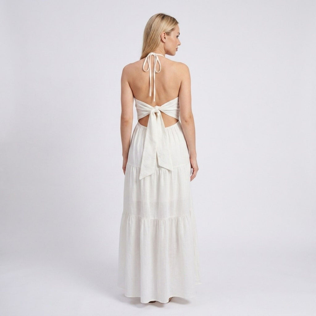 Anna-Kaci Womens Halter Neck Tiered Maxi Dress with Tie Straps Open Back Detail and Flowy A Line Skirt