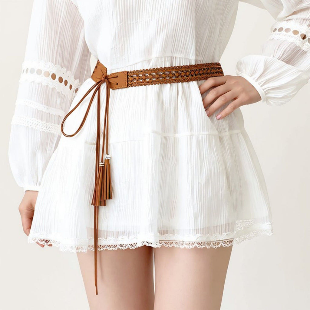 Anna-Kaci Women's Braided Faux Leather Waist Belt with Tassel Tie Detail 67in