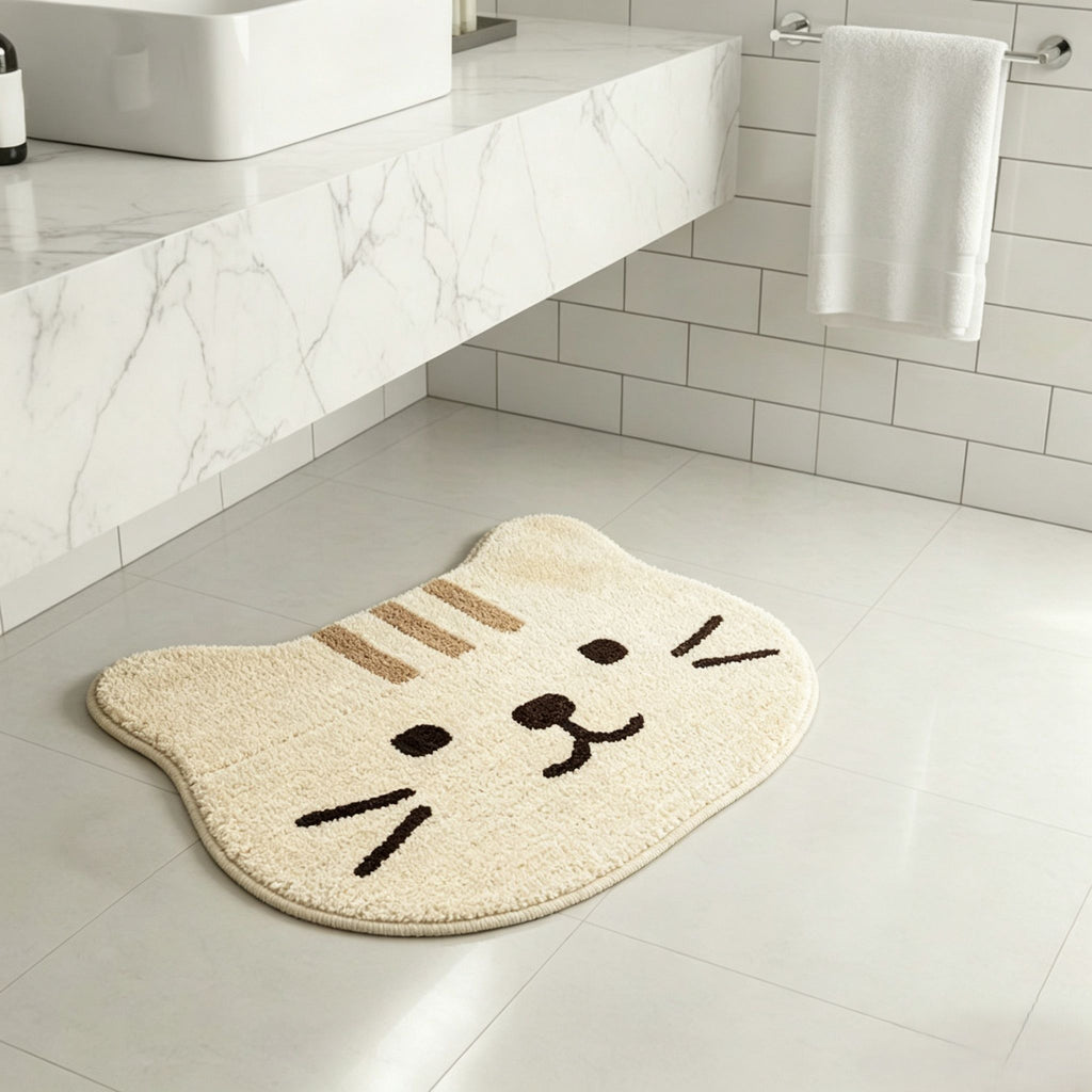 Cute Cat Head Shaped Bathroom Floor Mat Soft Water Absorbent with Anti-Slip Base