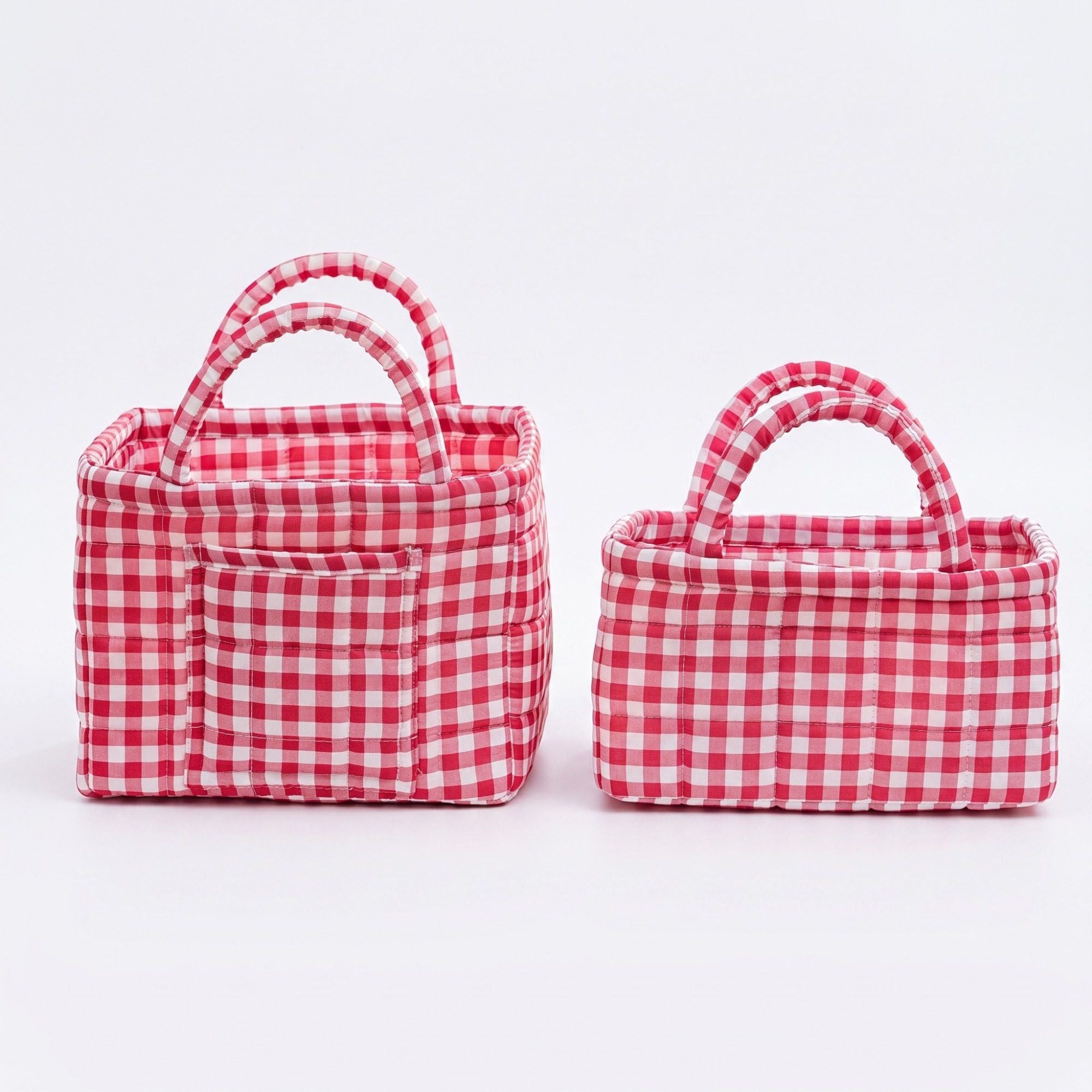 Juego de 2 Bolsos Organizadores Acolchados de Cuadros Vichy con Asas y Bolsillo Frontal