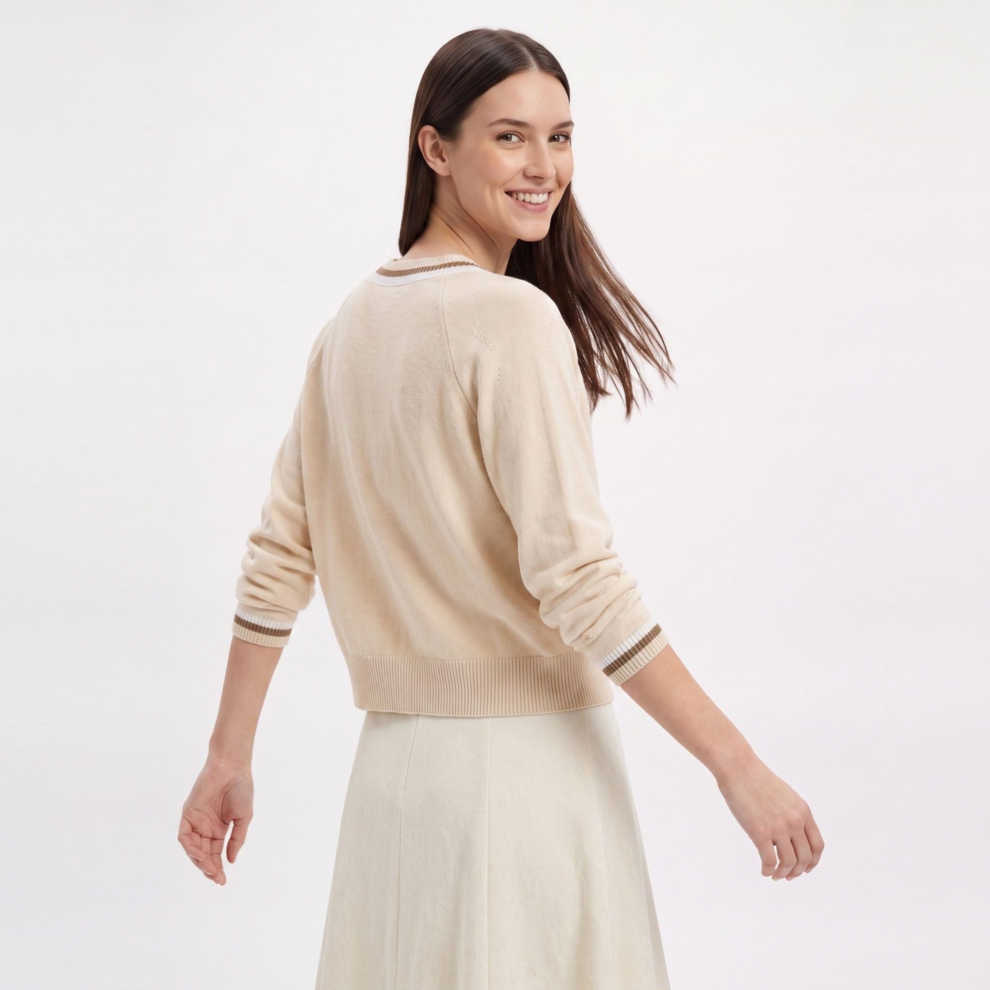 Contrast Stripe V-Neck Button-Front Knit Cardigan