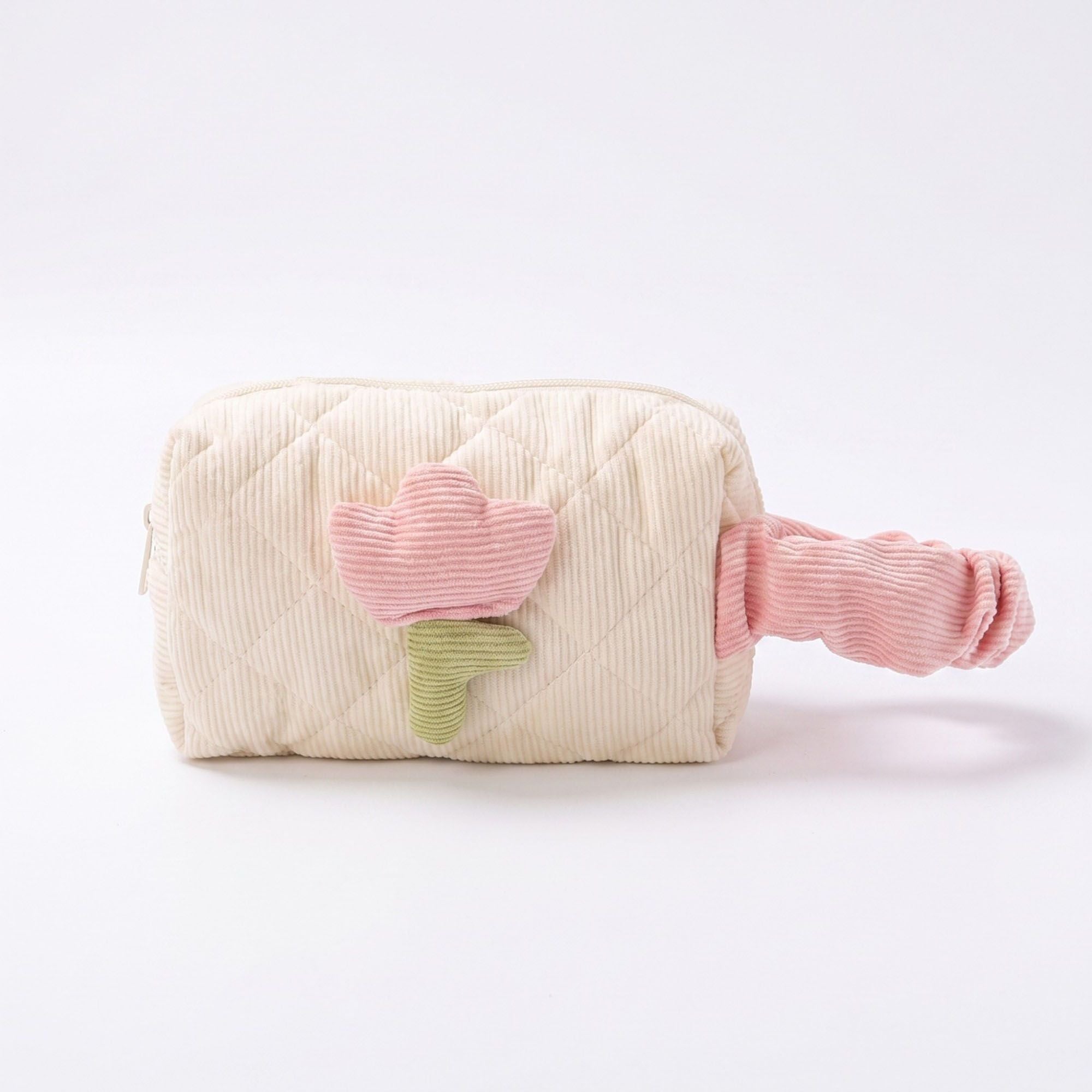 Quilted Corduroy Flower Cosmetic Bag with Top Handle