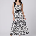 Tie Shoulder Square Neck Midi Dress Black and White Floral Smocked Tiered Sundress