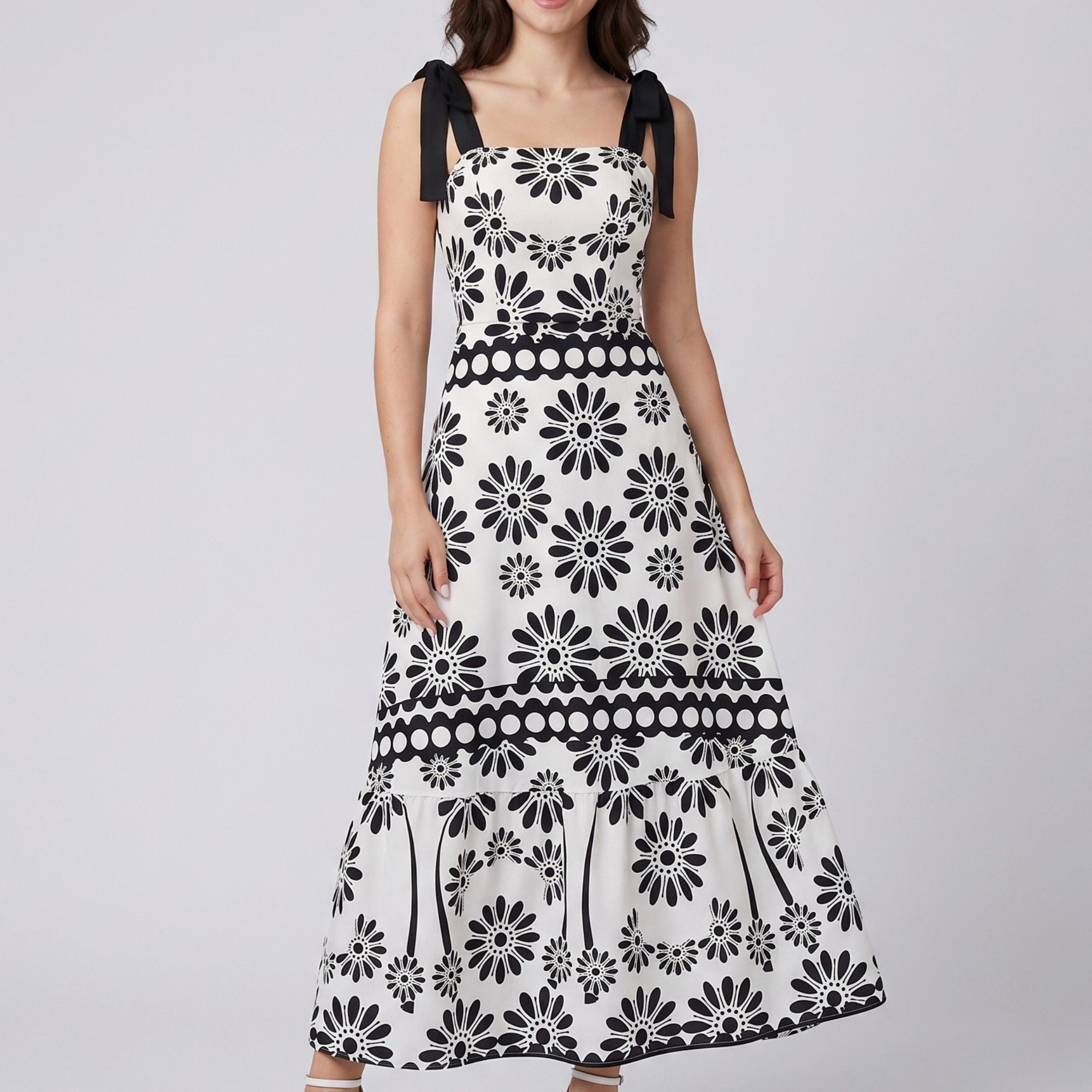 Tie Shoulder Square Neck Midi Dress Black and White Floral Smocked Tiered Sundress