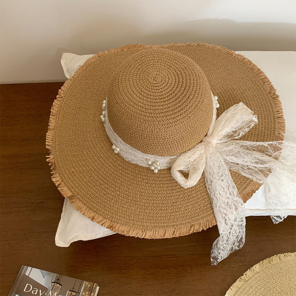 Wide Brim Sun Hat with Lace Band and Frayed Edge