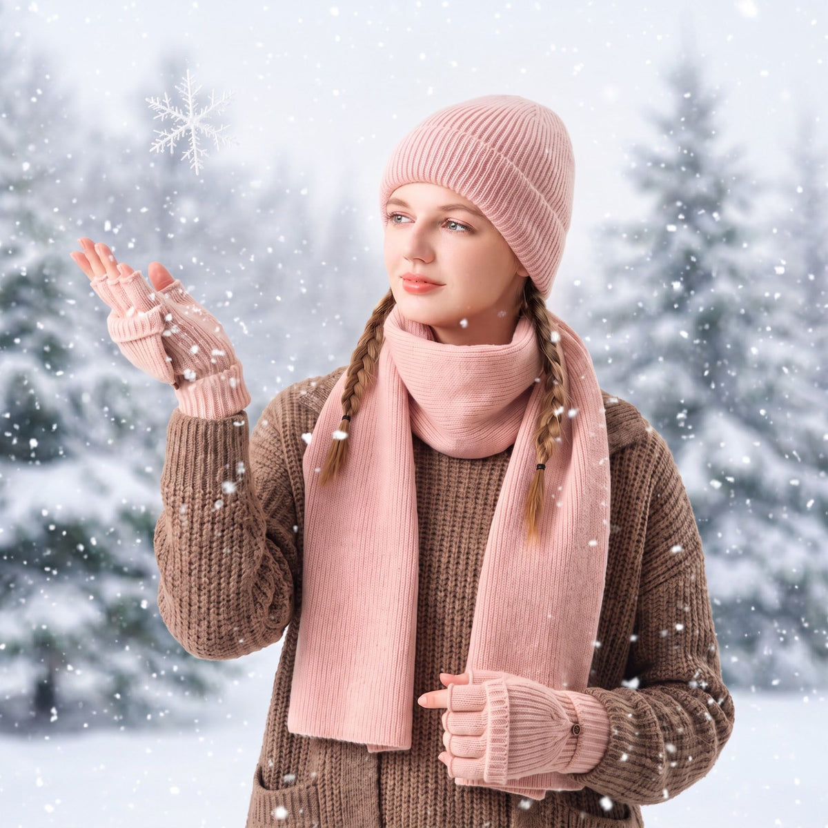 3 Piece Beanie Scarf and Convertible Fingerless Gloves Winter Set