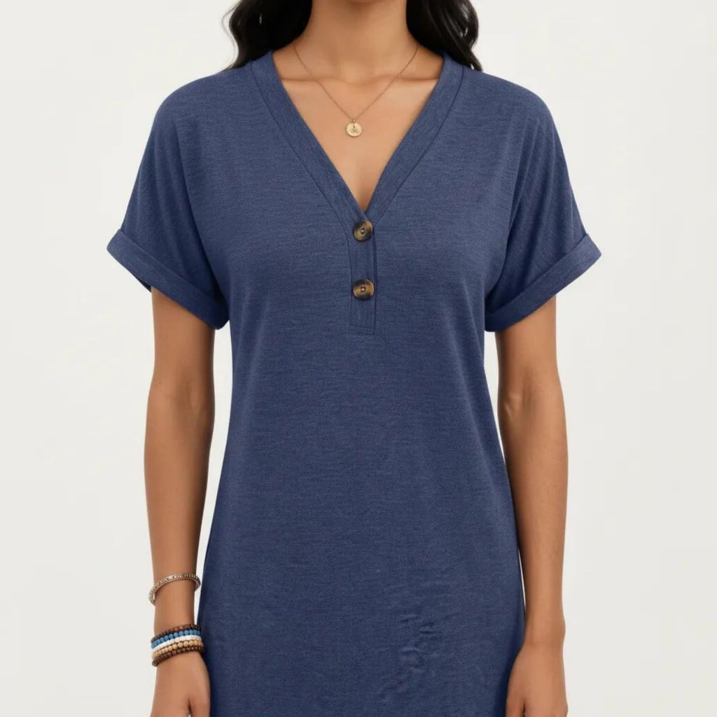 Anna-Kaci Women's Short Sleeve V Neck Shift Dress with Button Detail Relaxed Fit Casual Tunic Dress