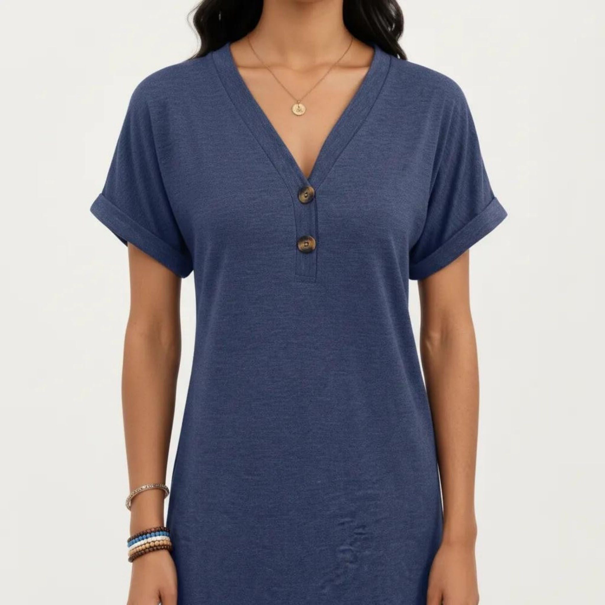 Anna-Kaci Women's Short Sleeve V Neck Shift Dress with Button Detail Relaxed Fit Casual Tunic Dress