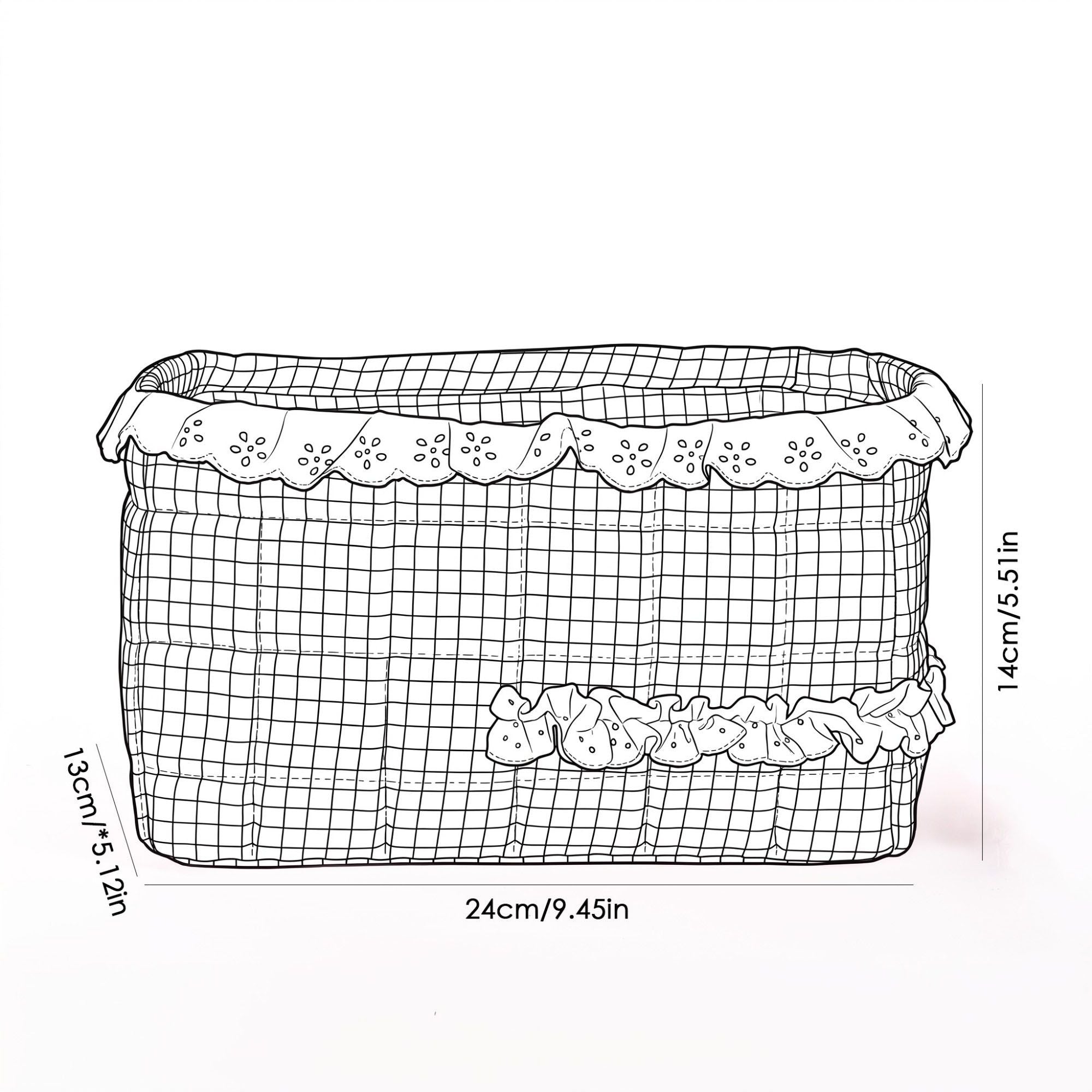 Quilted Gingham Fabric Storage Basket with Lace Trim