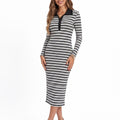 Striped Polo Midi Dress Long Sleeve Collared Button Placket Fitted Knit Dress