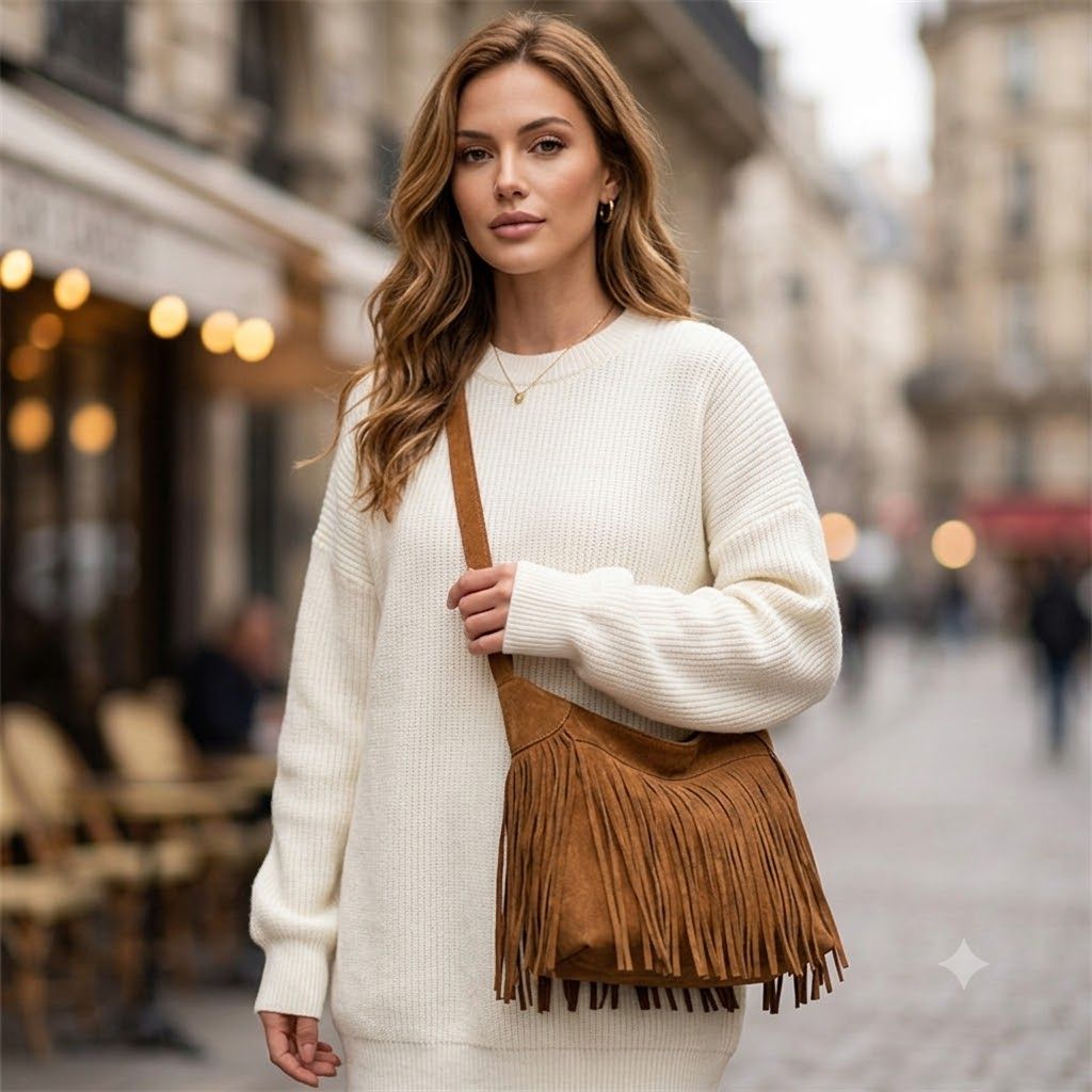 Women's Suede Look Fringe Crossbody Shoulder Bag with Adjustable Strap