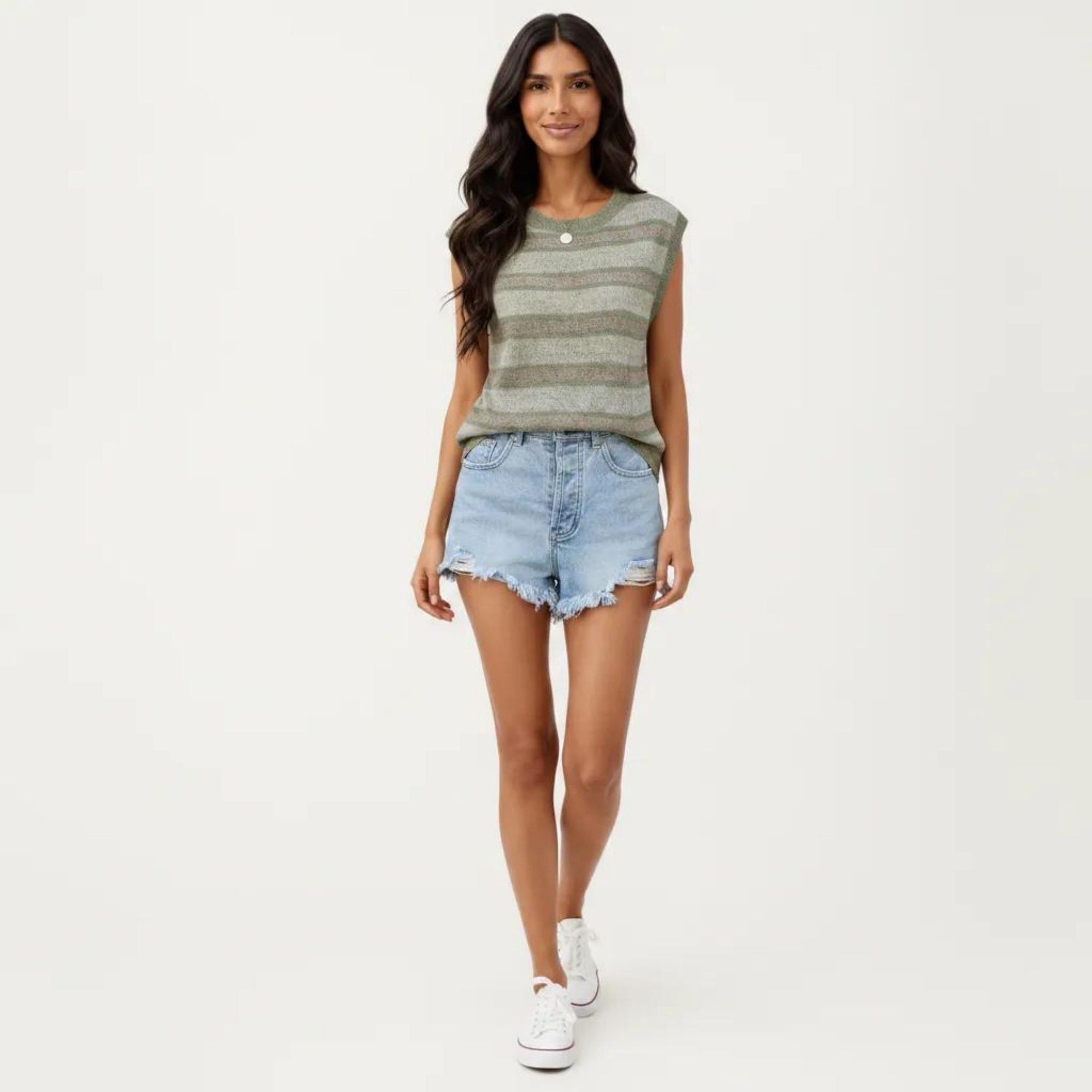 Anna-Kaci Women's Sleeveless Striped Knit Top with Shoulder Button Detail and Relaxed Fit