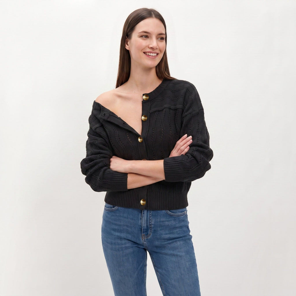 Wavy Pointelle Button-Front Long Sleeve Knit Cardigan