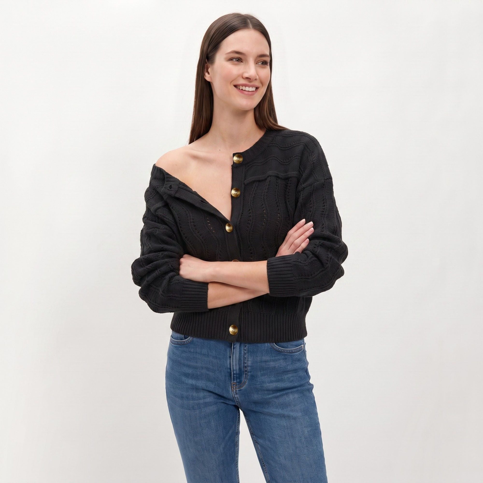 Wavy Pointelle Button-Front Long Sleeve Knit Cardigan