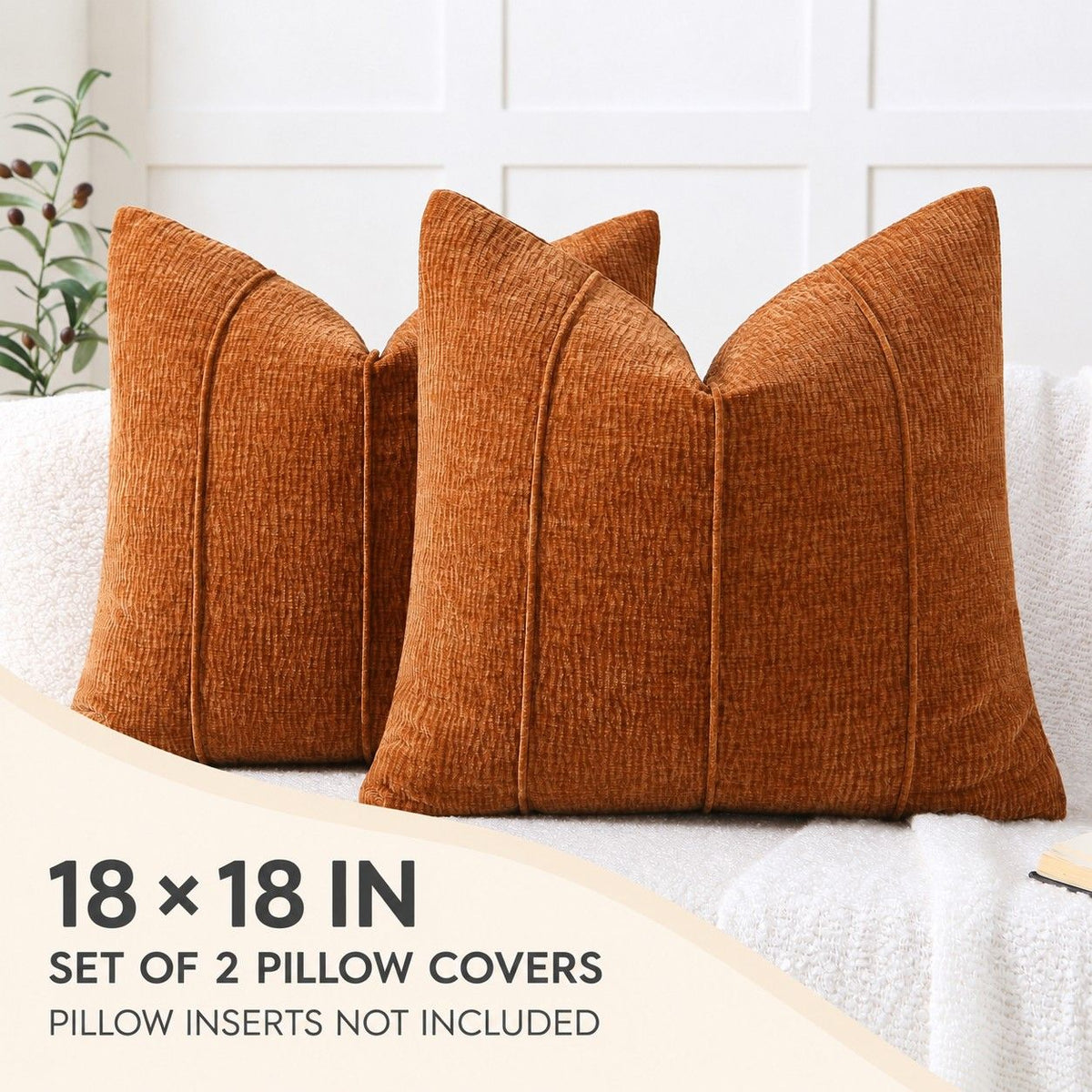 2 Pack Solid Textured Throw Pillow Covers 18 x 18 Inch with Hidden Zipper