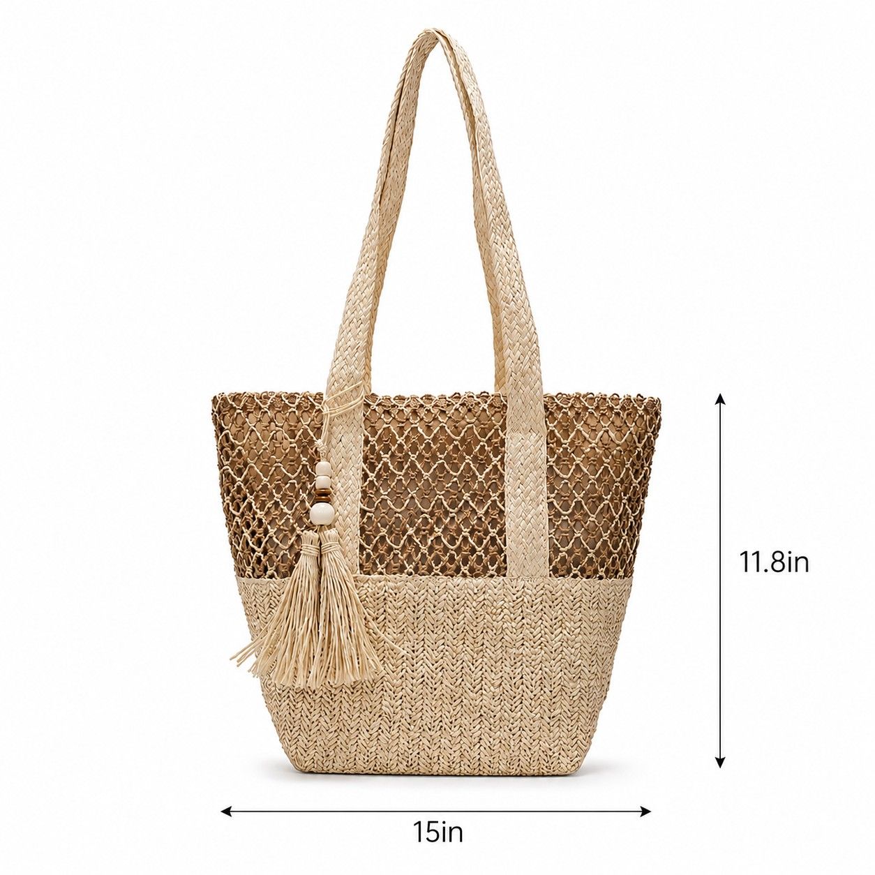 Woven Straw Tote Bag with Zip Closure Shoulder Straps and Tassel Accent