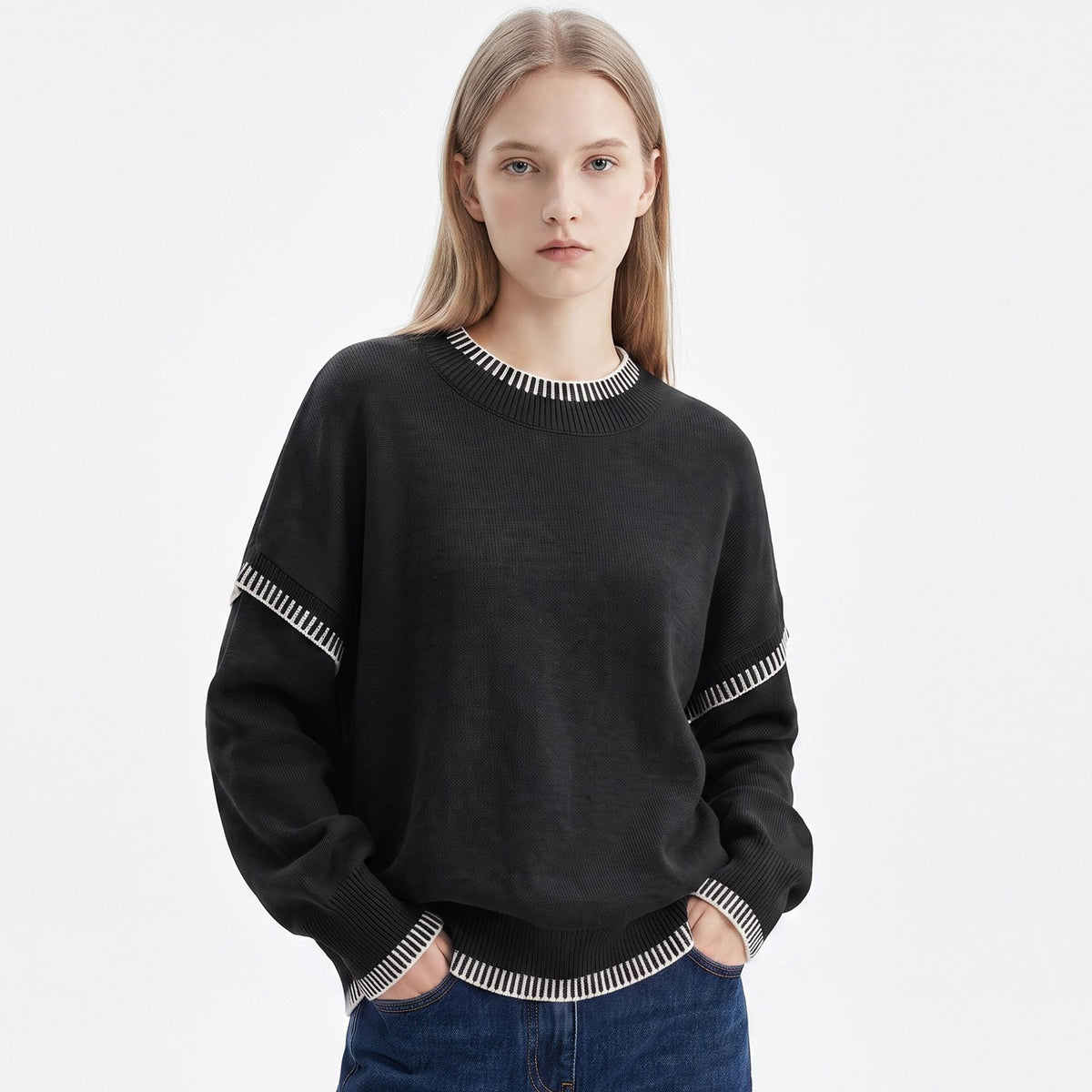 Contrast Stitch Crewneck Long Sleeve Knit Sweater