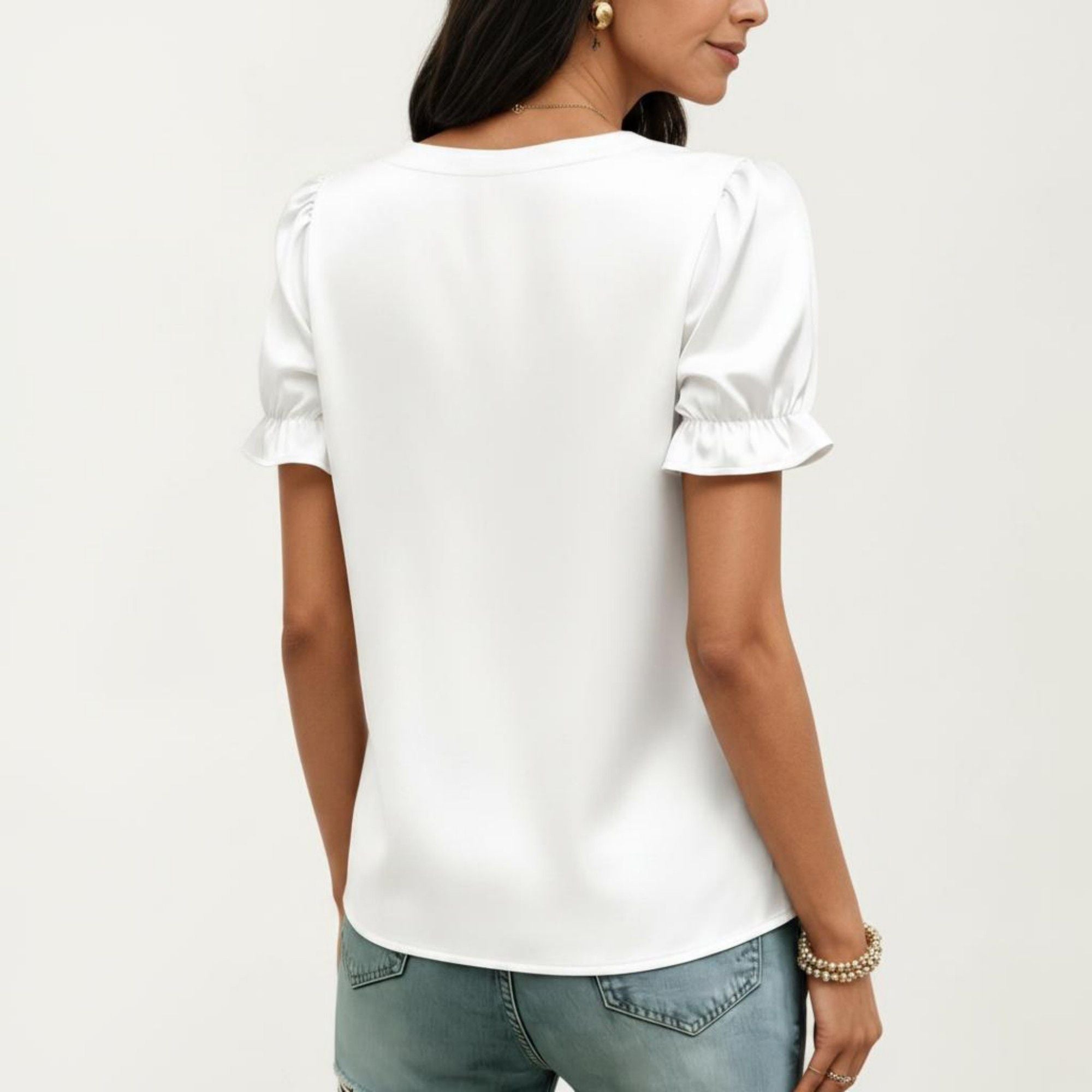 Anna-Kaci Women's Satin Faux Pearl Neck Top with Puff Sleeves and Smooth Draped Finish