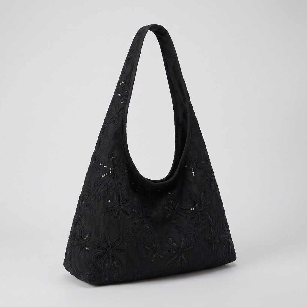 Floral Sequin Lace Slouchy Hobo Bag 15.5x10.5x4.5in