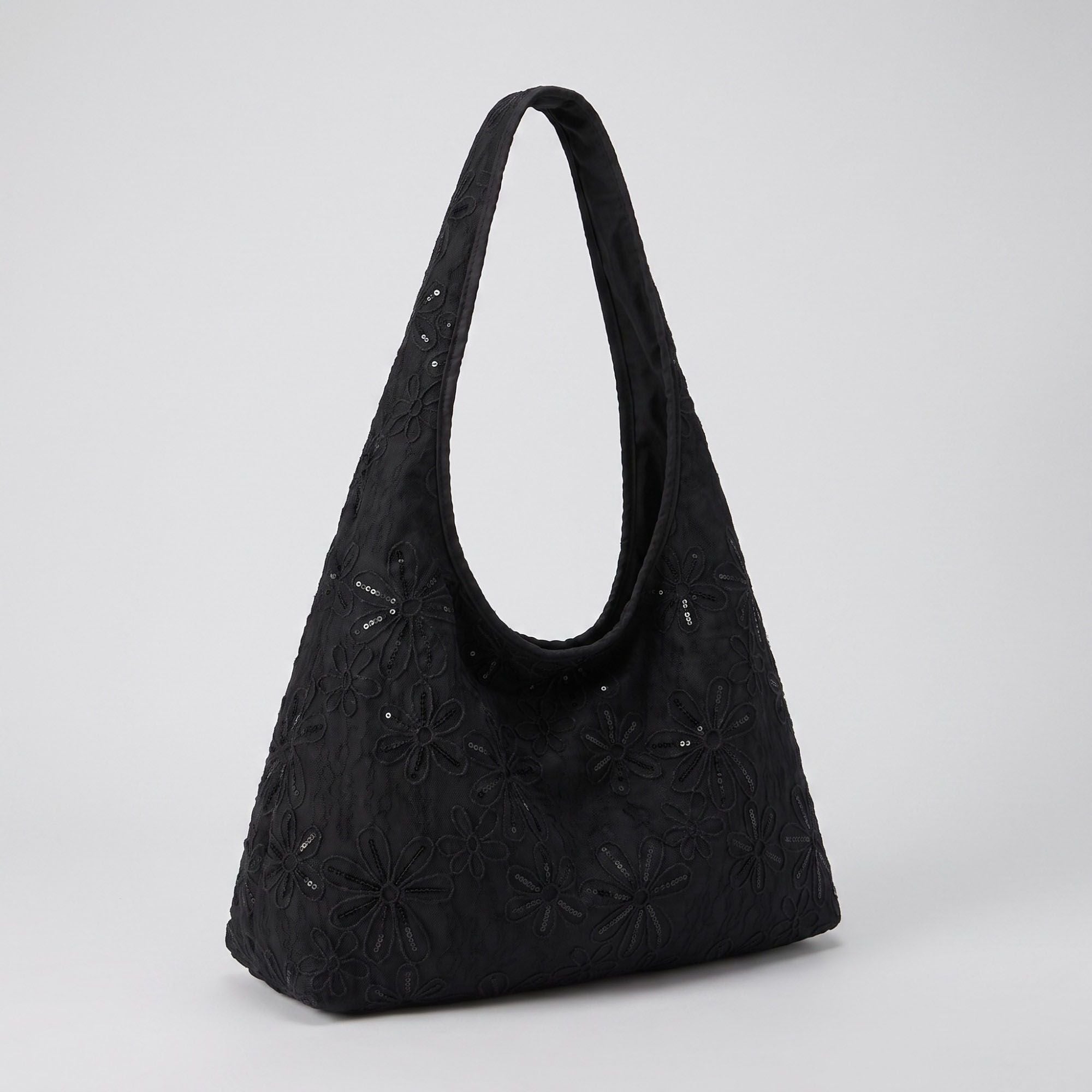 Floral Sequin Lace Slouchy Hobo Bag 15.5x10.5x4.5in