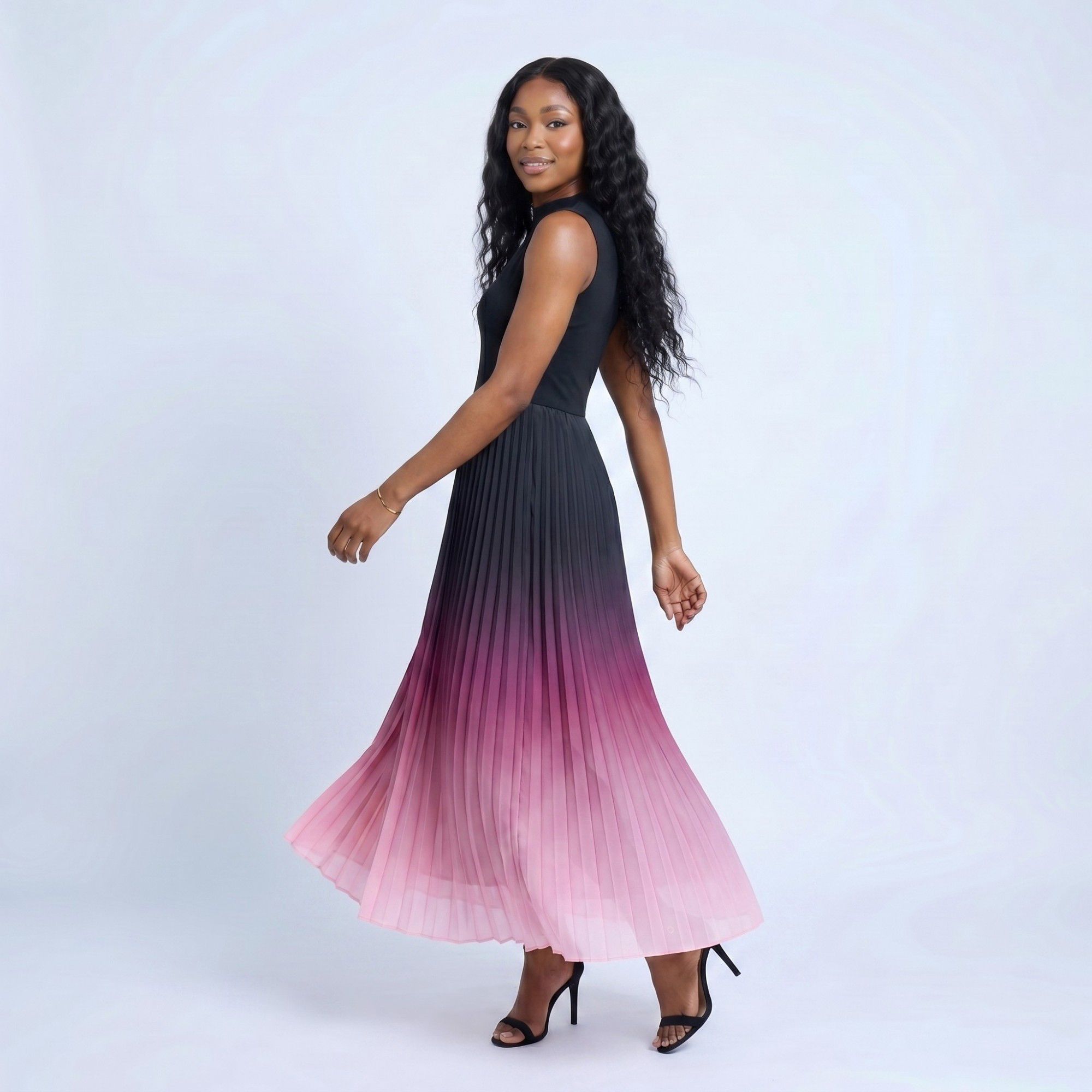 Anna-Kaci Women's Sleeveless High Neck Pleated Ombre A-Line Maxi Dress with Flowy Skirt