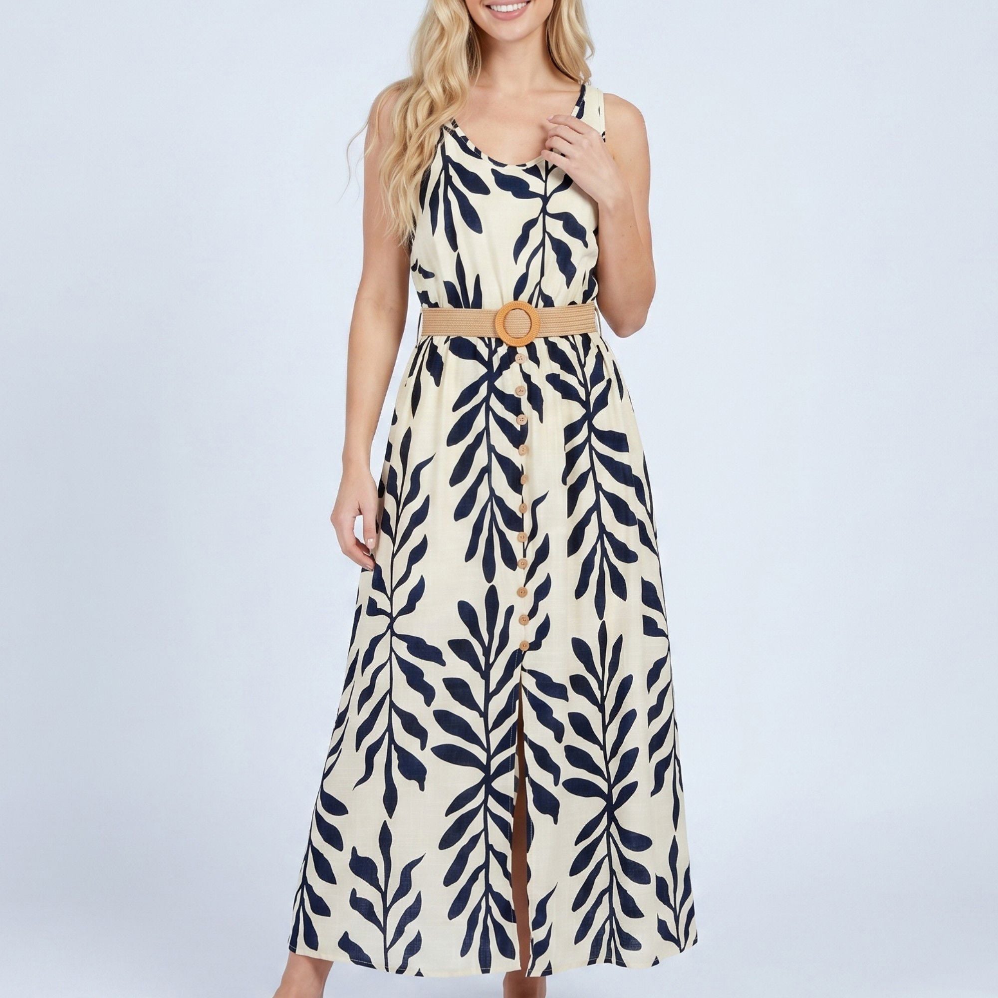 Anna-Kaci Women's Sleeveless Leaf Print Button Front Belted Maxi Dress