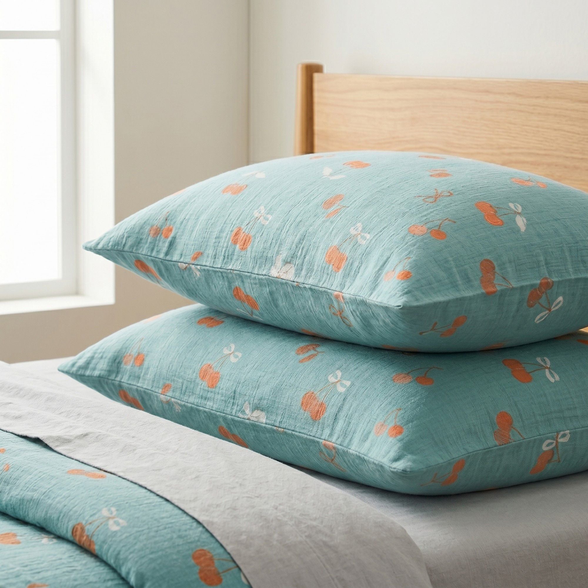 4-Piece Cotton Bedding Set with Cherry Print Duvet Cover and Pillowcases