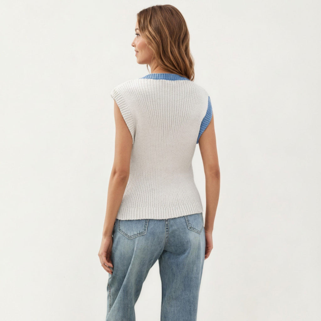 Anna-Kaci Women's Sleeveless Colorblock Knit Vest with Button Front and Ribbed Trim