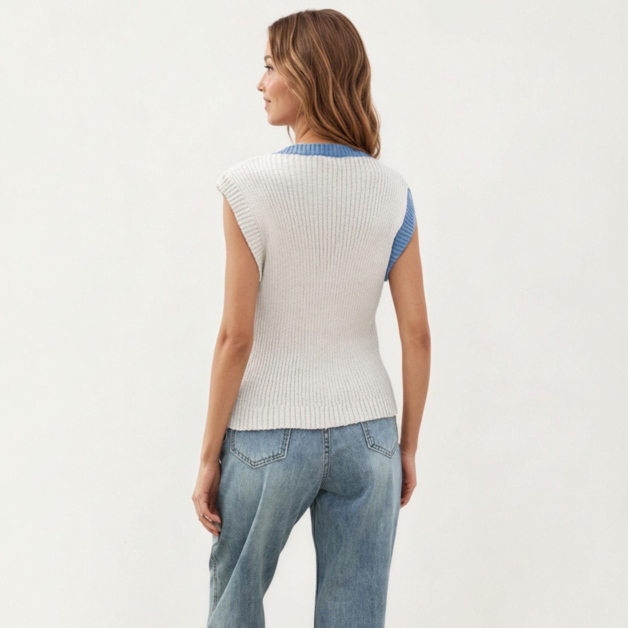 Anna-Kaci Women's Sleeveless Colorblock Knit Vest with Button Front and Ribbed Trim