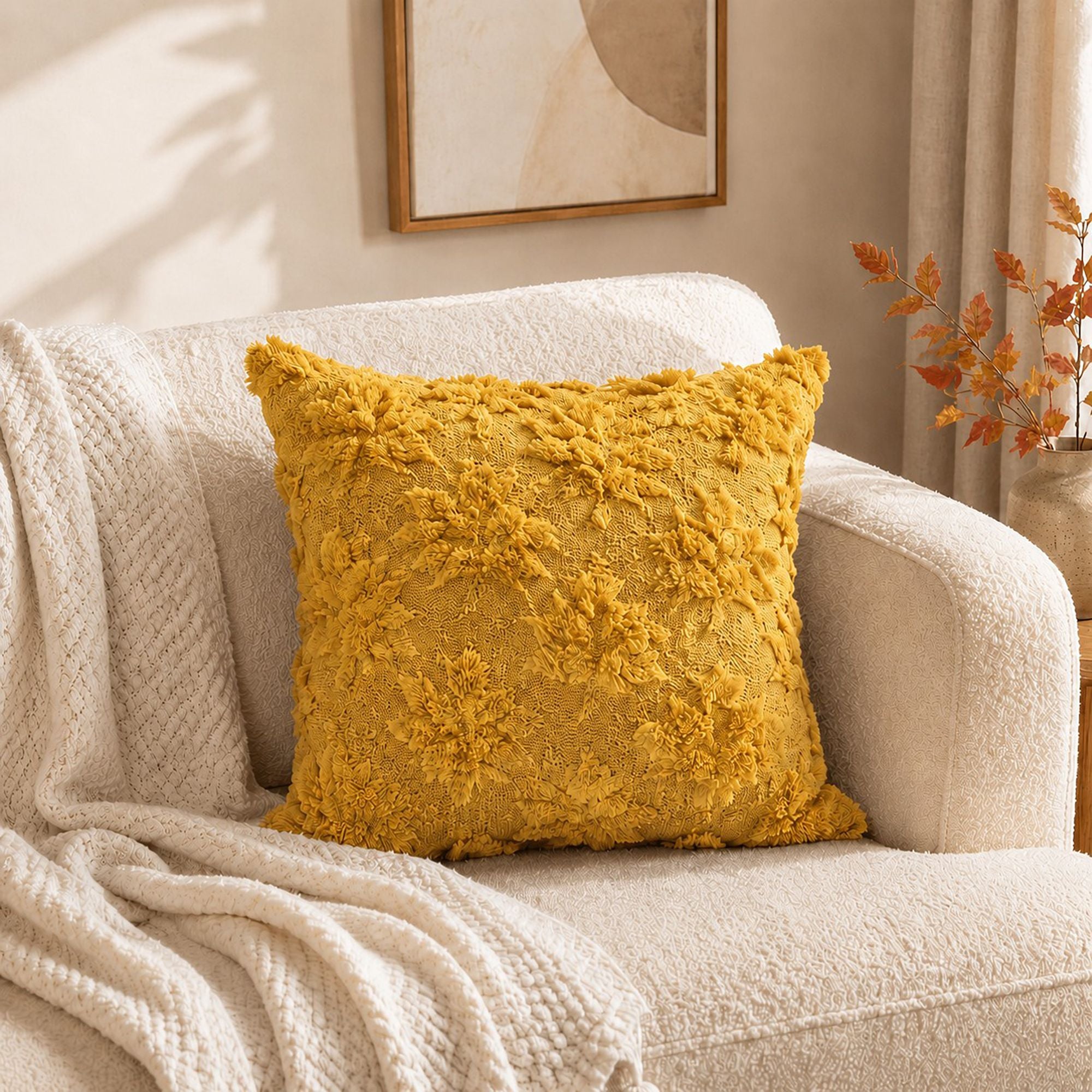 Textured Tufted Botanical Throw Pillow Cover for Couch Bed and Chair