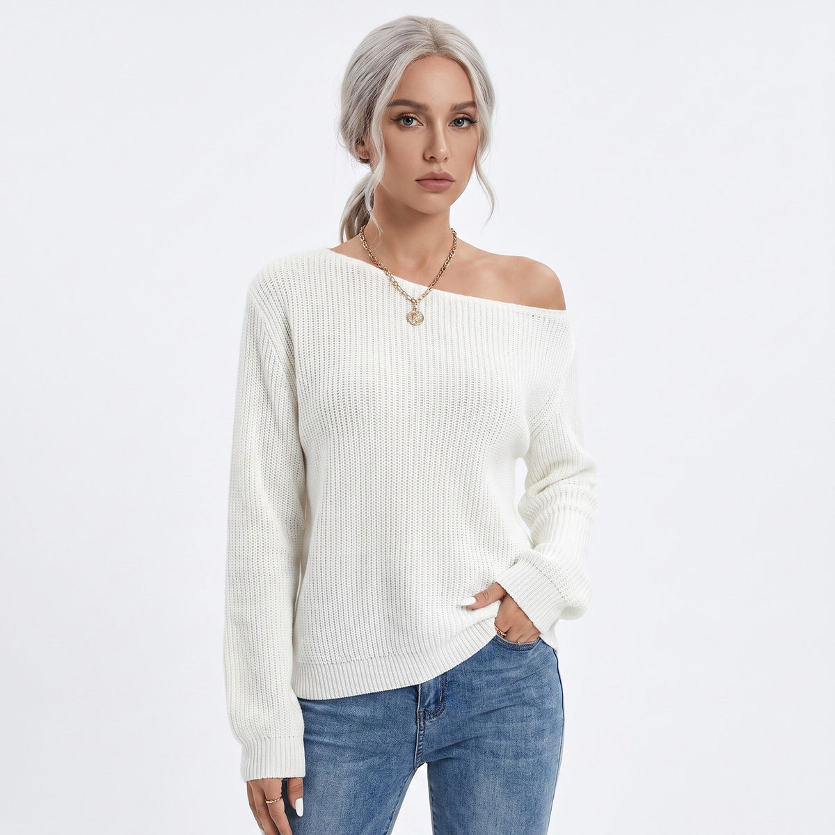 Oversized Off Shoulder Long Sleeve Knit Pullover Sweater