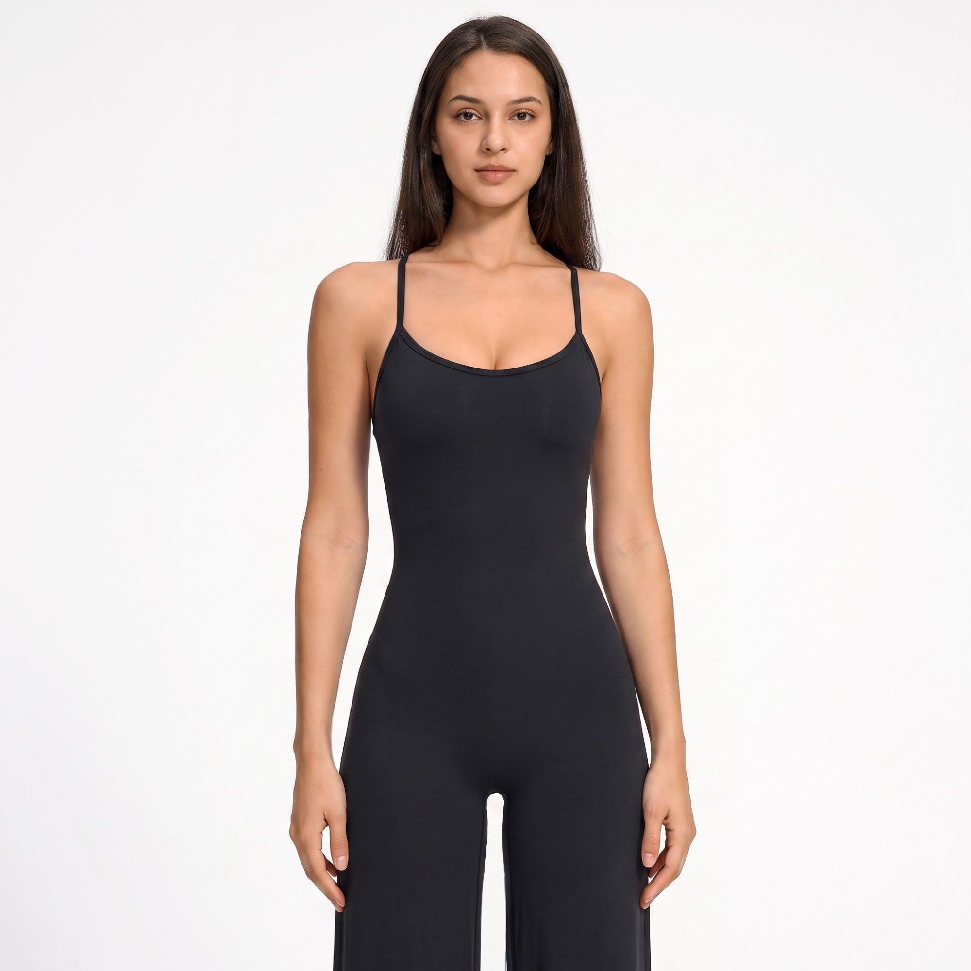 Scoop Neck Wide Leg Athletic Jumpsuit with Adjustable Crisscross Back Straps for Yoga Gym