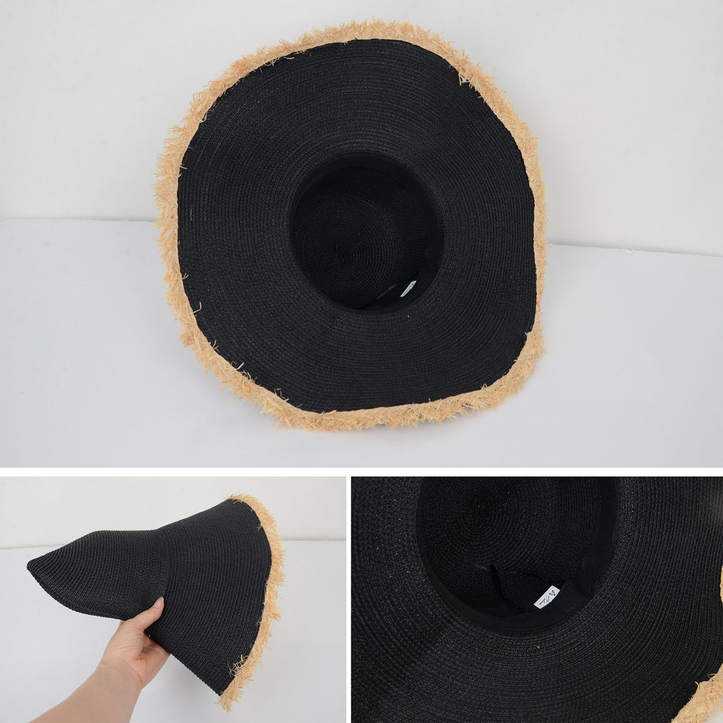 Anna-Kaci Wide Brim Straw Floppy Hat with Frayed Edges Lightweight Sun Protection for Beach Vacation Outdoor Travel Style