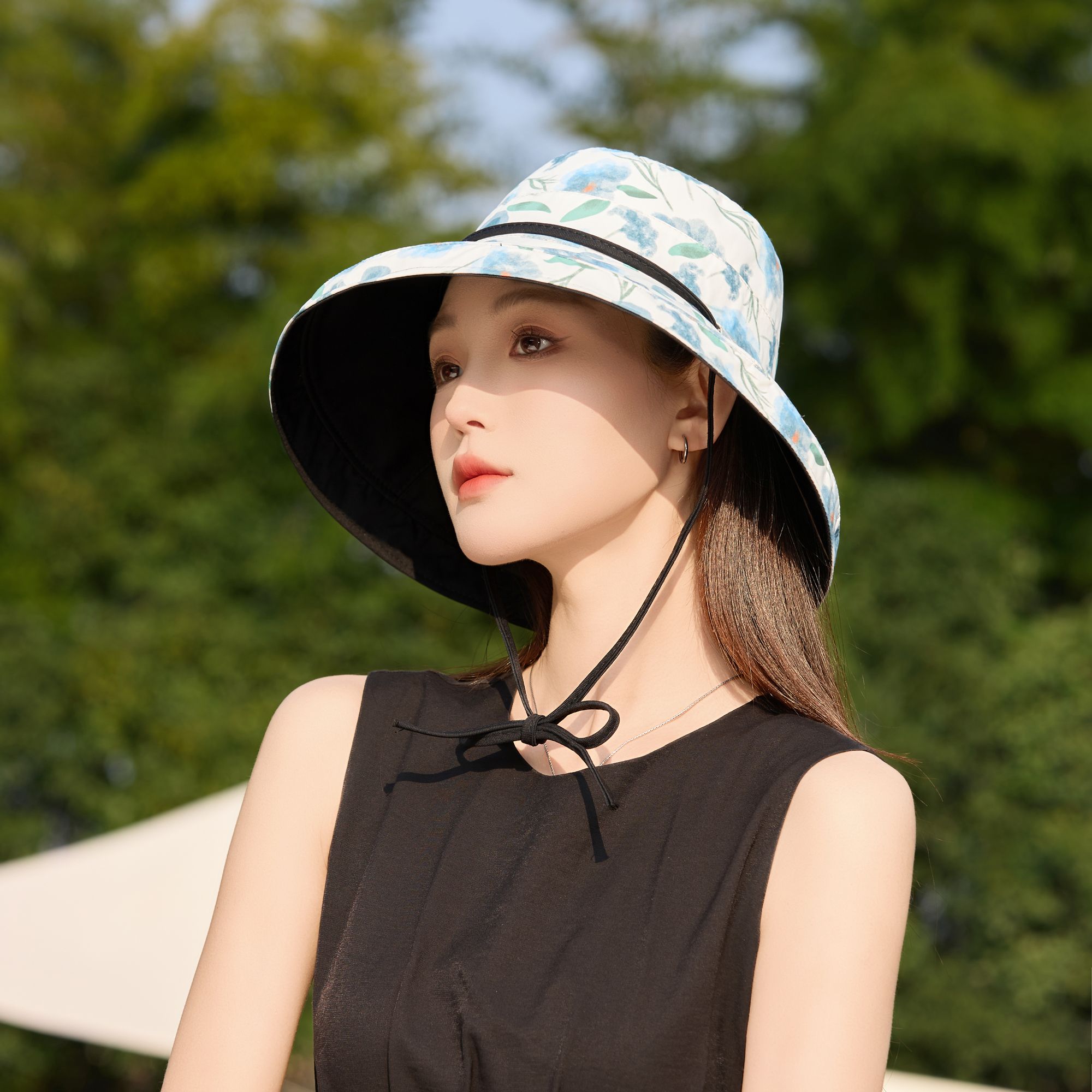Anna-Kaci Women's Reversible Floral & Solid Bucket Sun Hat with Chin Strap