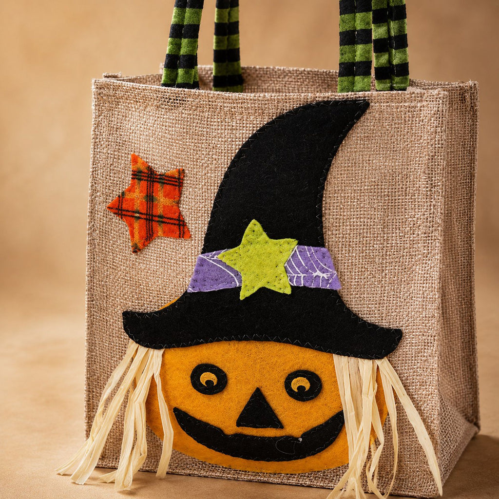 Halloween Burlap Trick or Treat Tote Bag with Character Applique